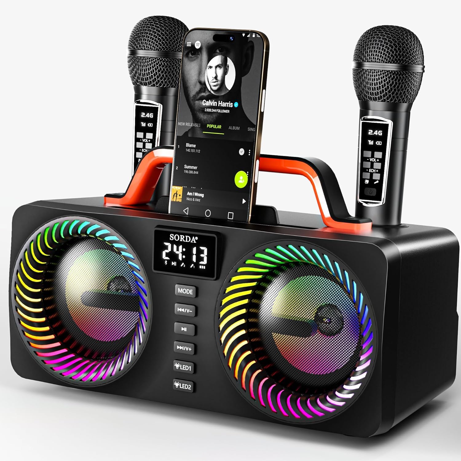 SORDA Karaoke Machine for Adults & Kids, Portable 80W Bluetooth Speaker - 2 Wireless Microphones, Echo Adjust, Support USB/AUX, 