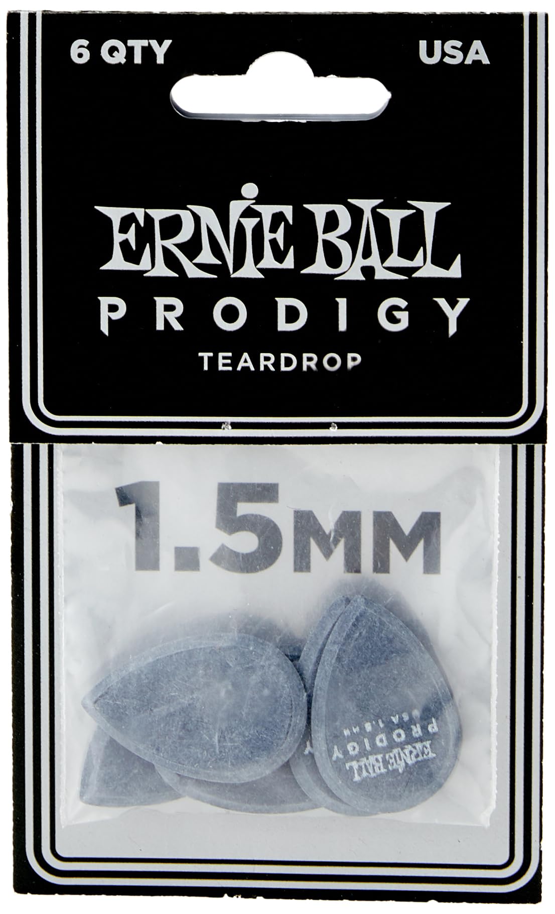 Ernie Ball Prodigy Guitar Picks, Teardrop, Black 15Mm, 6-Pack (P09330)
