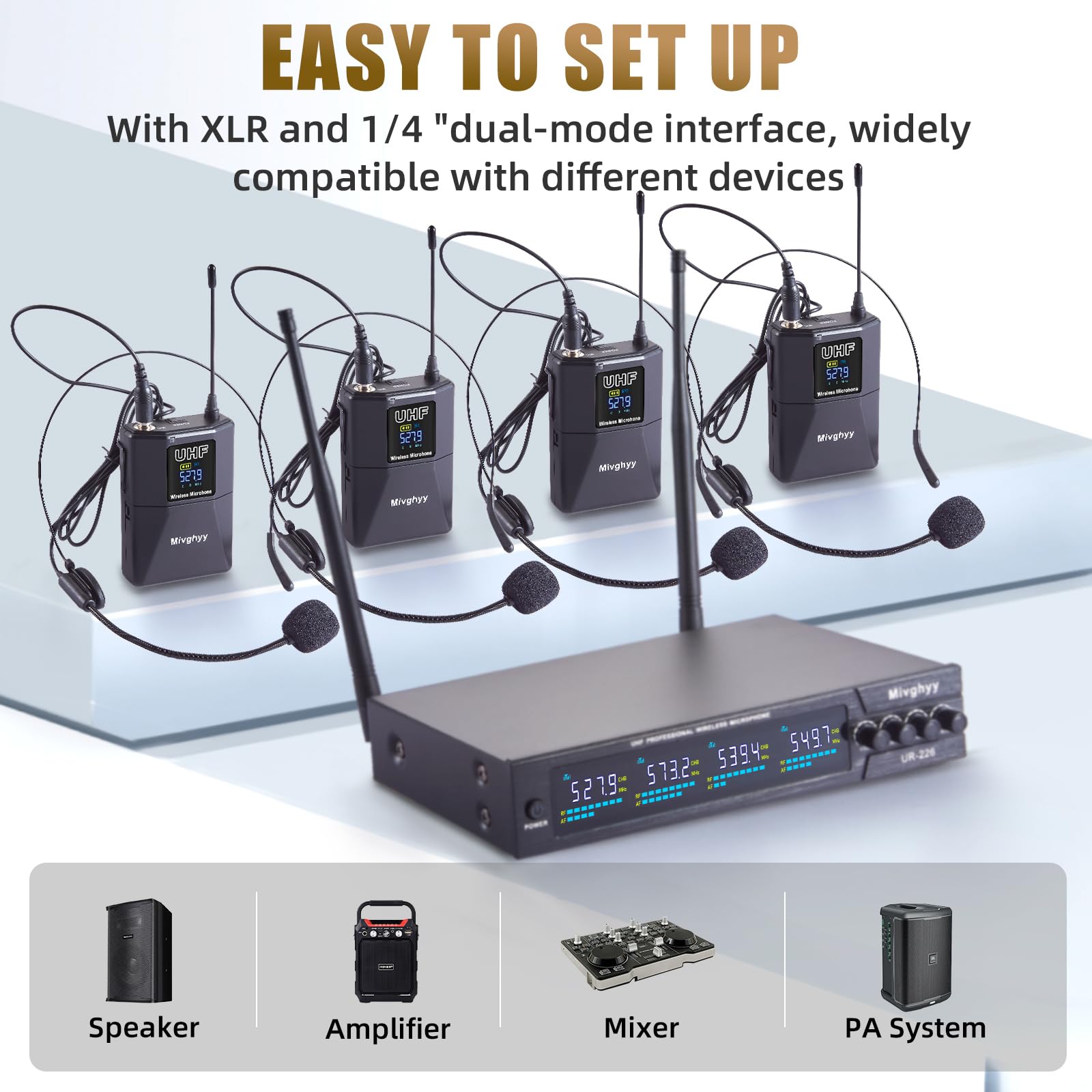 Wireless Microphones System with UHF Headset/Lavalier Lapel Mics, Bodypack Transmitter, 4 x 50 Channels, 164ft Range for Church