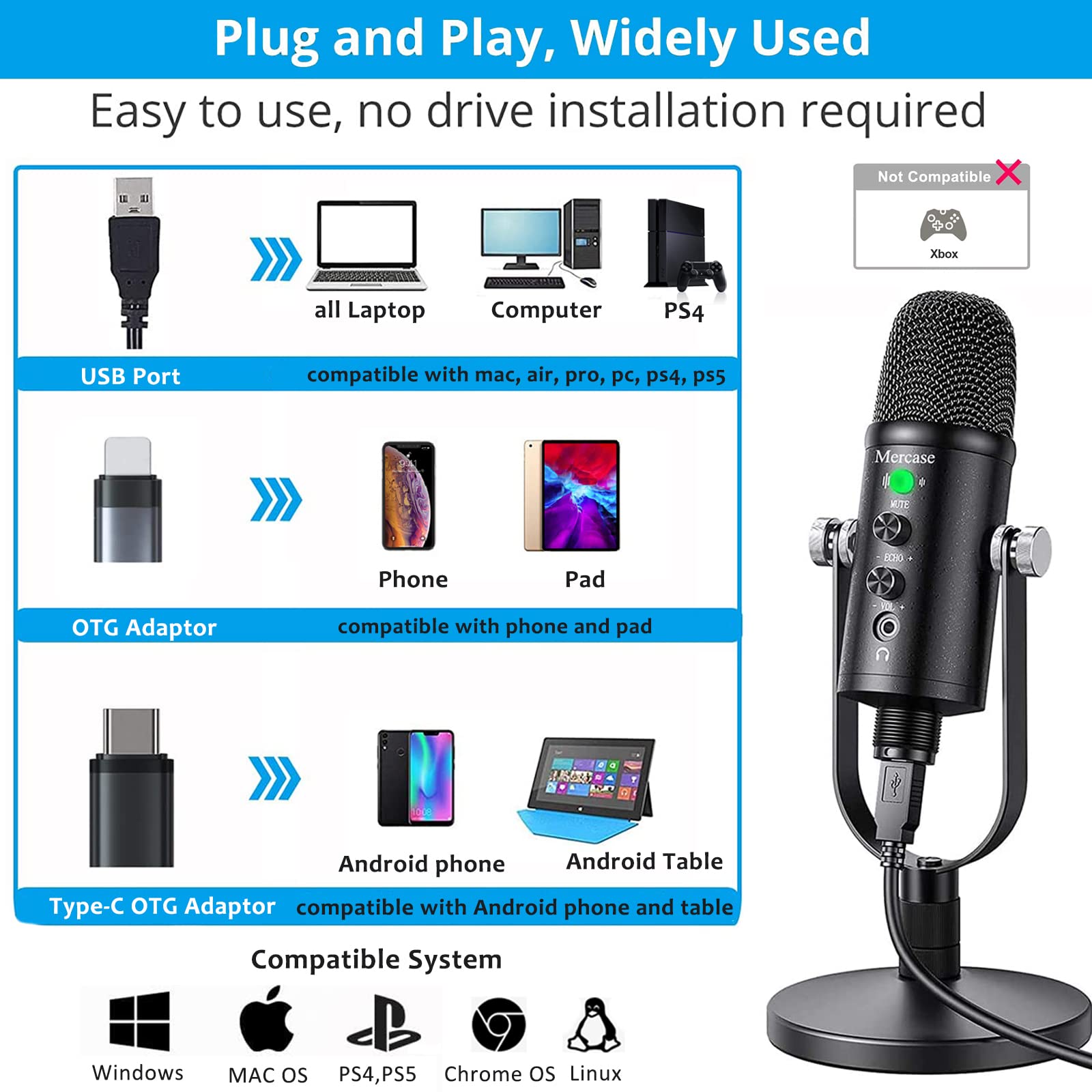 Mercase USB Condenser Microphone for Computer,Mac,Smartphone,PS4 and PS5, ASMR Mic with Noise Cancelling and Reverb, for Recordi