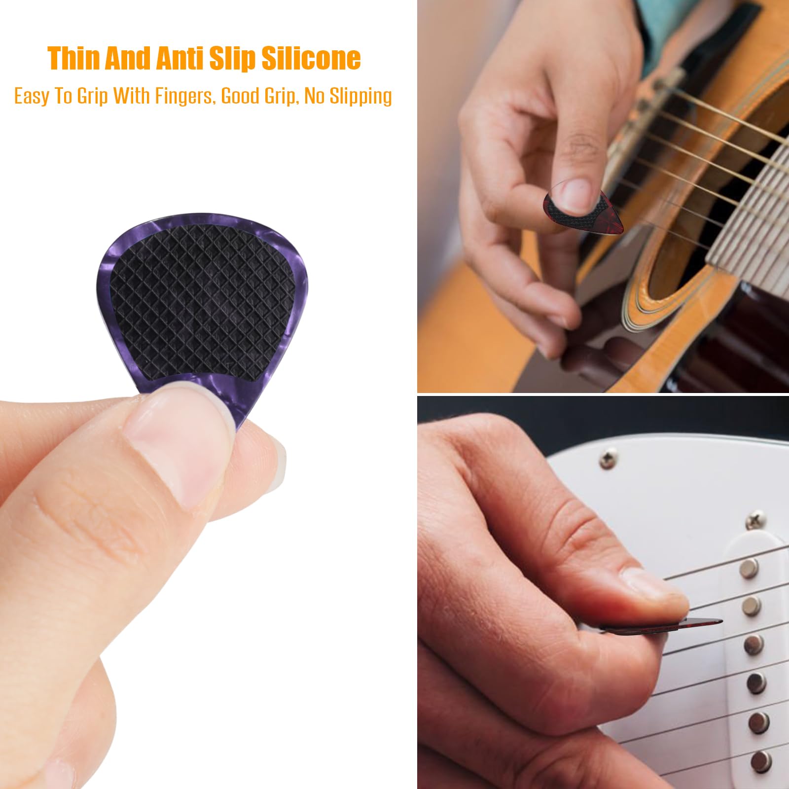 60pcs Guitar Picks & Grips - 30pcs Transparent & 30pcs Black Anti-Slip Silicone Soft Grips with Two Thicknesses Guitar Picks, Se