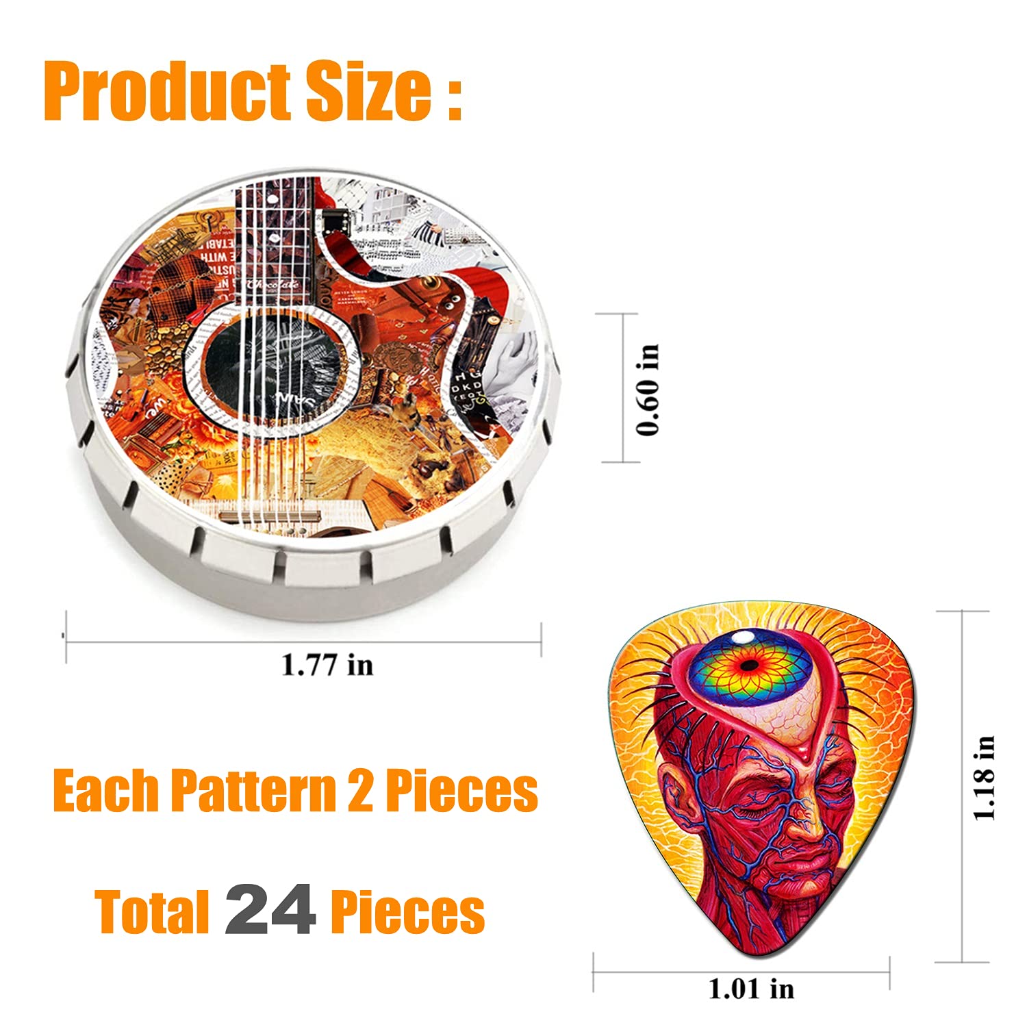 THIVENNY Guitar Picks 24 Medium Pack with Tin Box,Unique Artistic Celluloid Guitar Pick for Bass Electric Guitar Acoustic Guitar