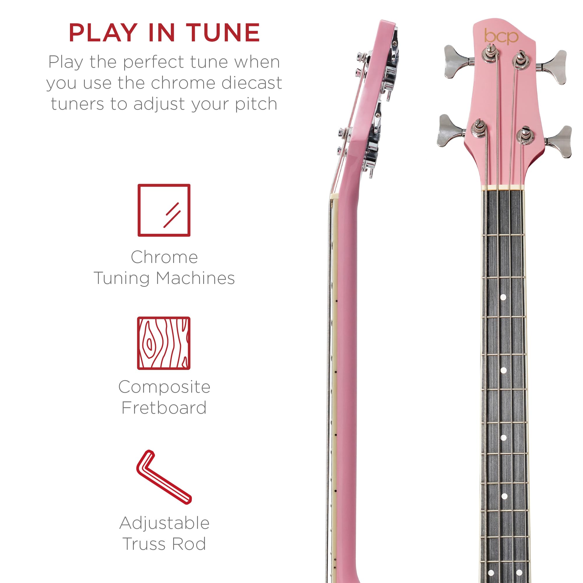 Best Choice Products Acoustic Electric Bass Guitar, Full Size 4 String, Fretted Bass Guitar w/Padded Gig Bag - Pink