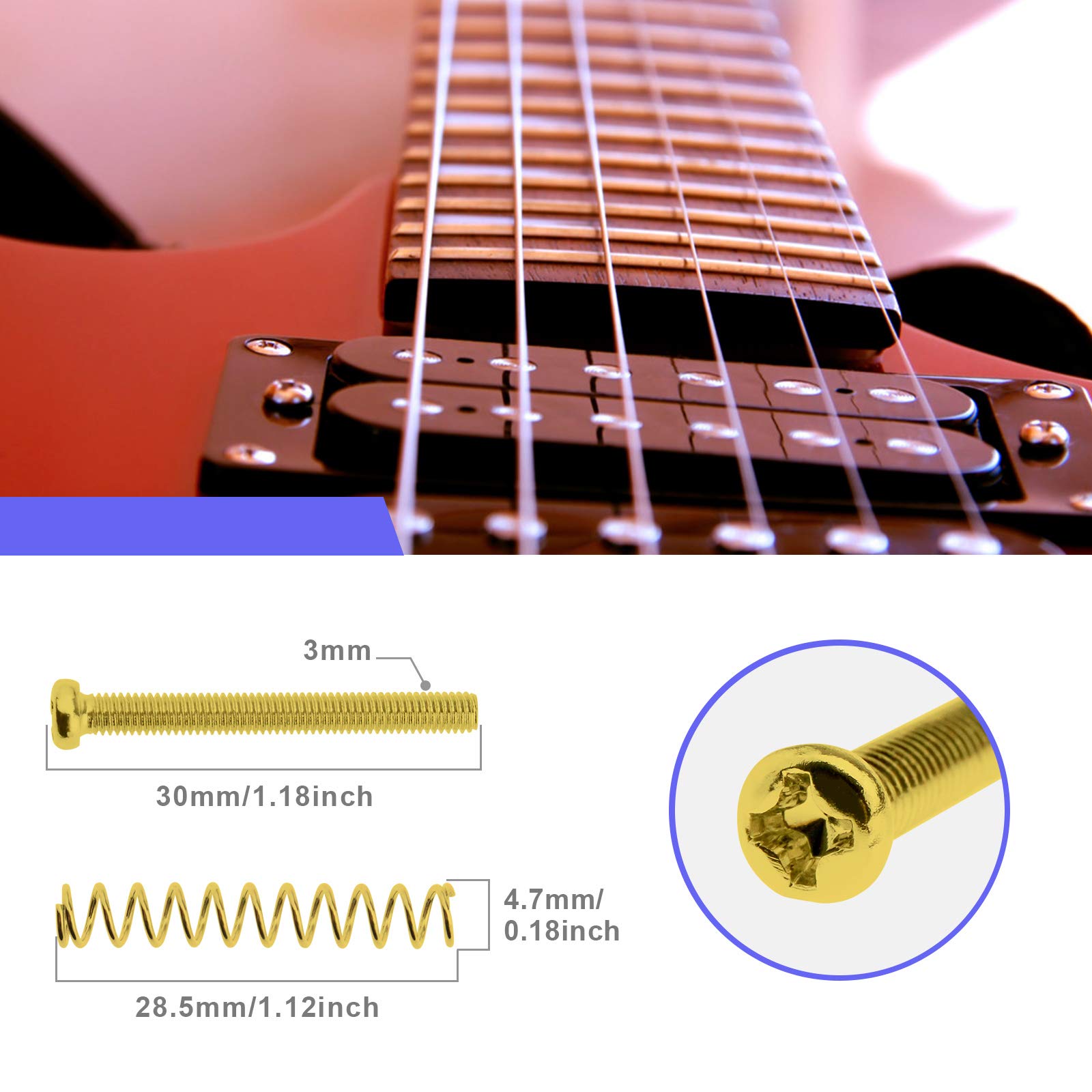Micro Traders 8pcs Humbucker Pickup Mounting Gold Metal Screws and Springs Adjustable