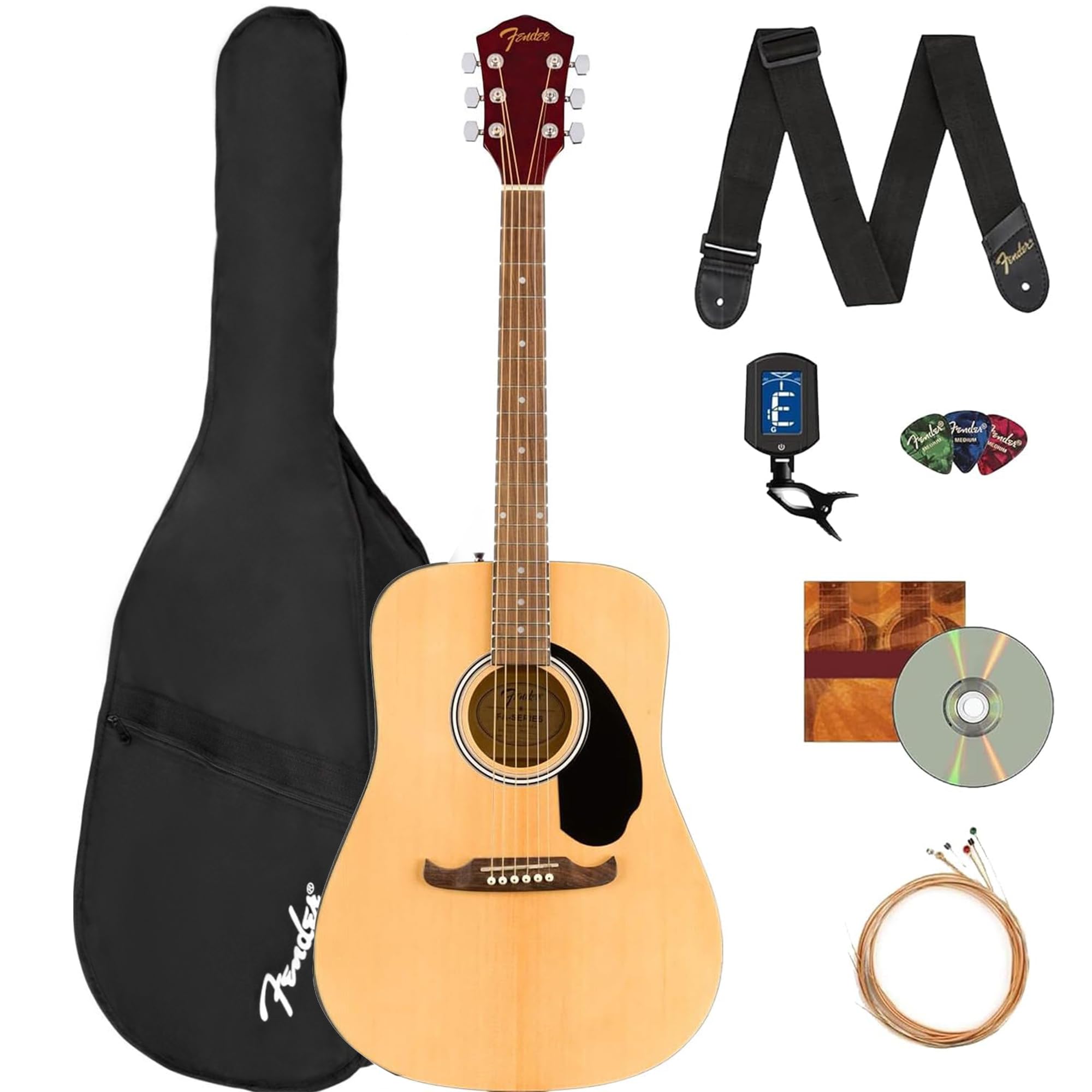 Fender FA-125 Dreadnought Acoustic Guitar - Natural Bundle with Gig Bag, Tuner, Strap, Strings, Picks, and Austin Bazaar Instruc