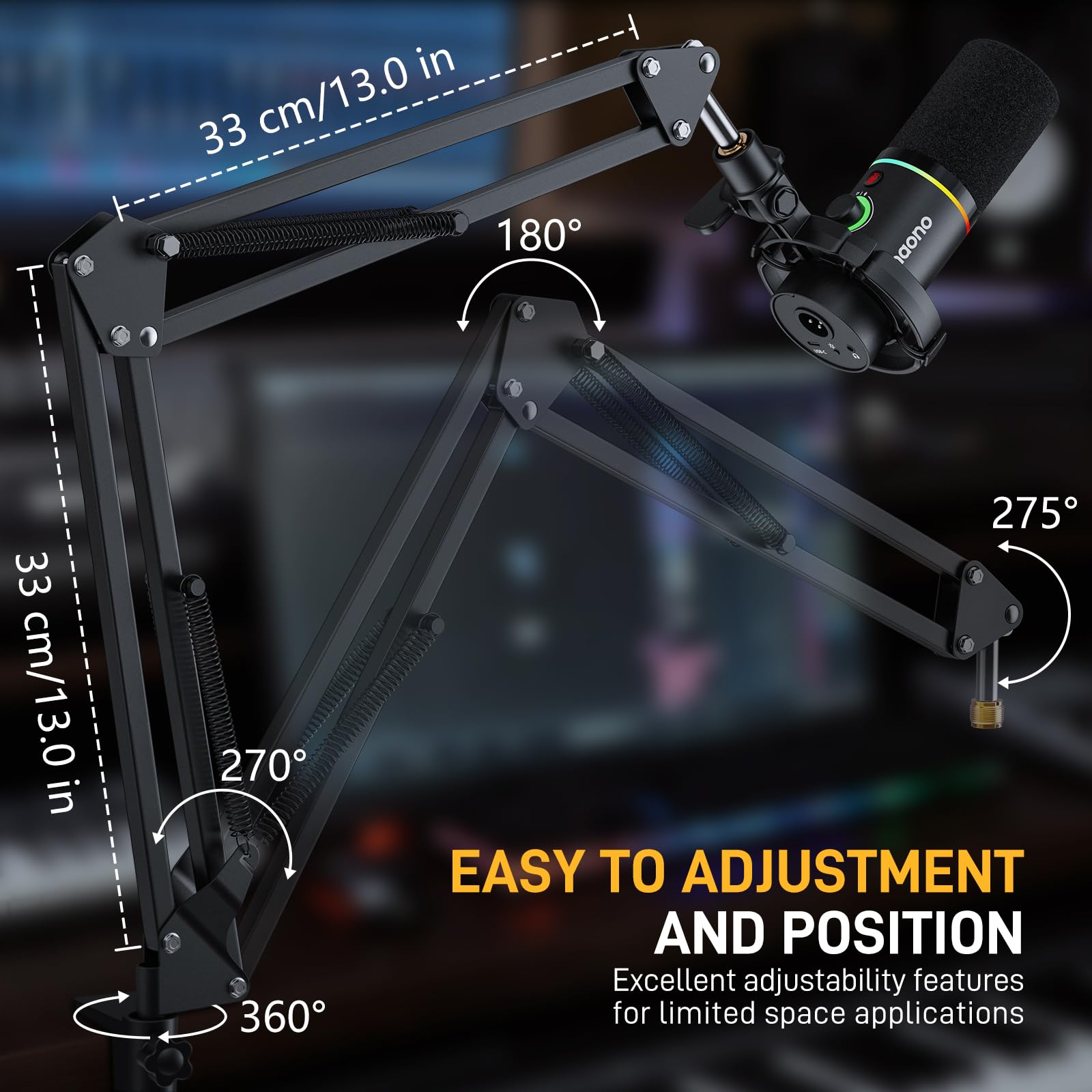 MAONO Boom Arm Microphone Stand: Adjustable Metal Suspension Mic Boom Arm for Podcast Gaming Streaming Recording,with Desk Clamp