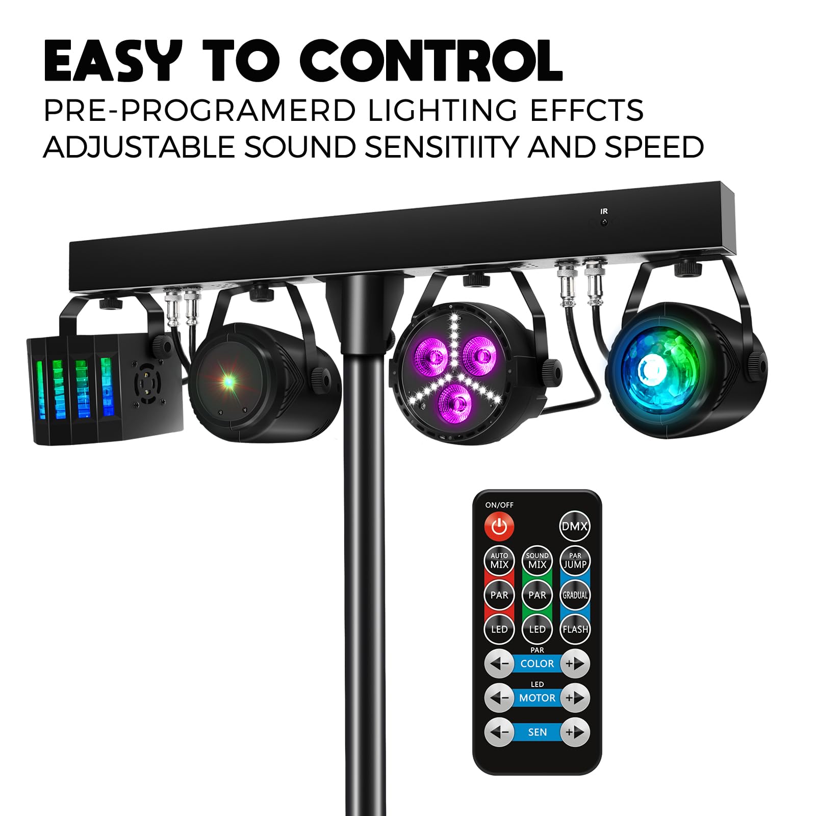 Telbum DJ Lights with Stand, Party Bar Gig Lighting Package with Carry Bag, Sound Activated Disco Lights for Parties DMX & Remot