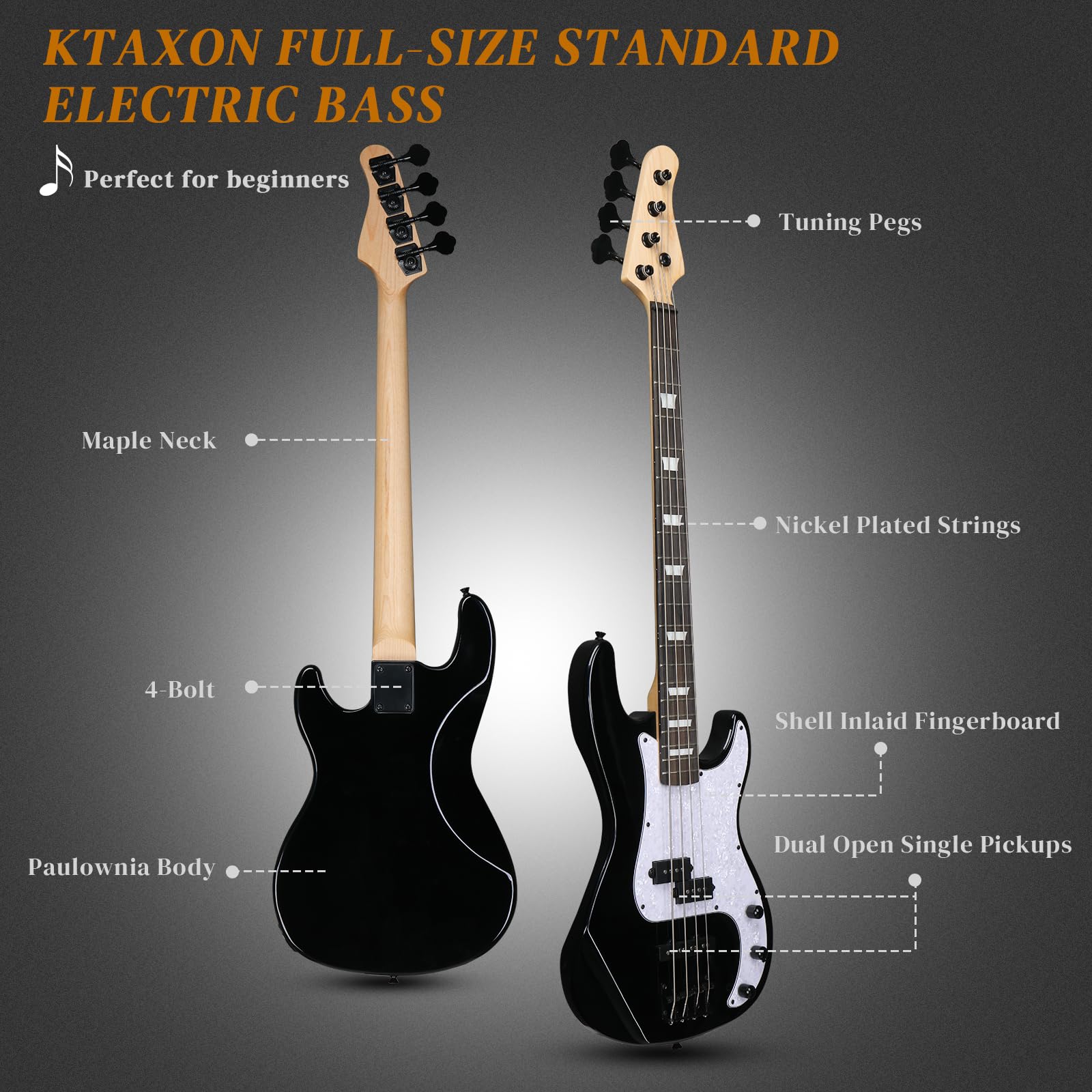 Ktaxon 4 String Electric Bass Guitar, PB-Style Full Size Standard Right Handed Beginner Kit with 20W AMP, Gig Bag, Strap, Upgrad