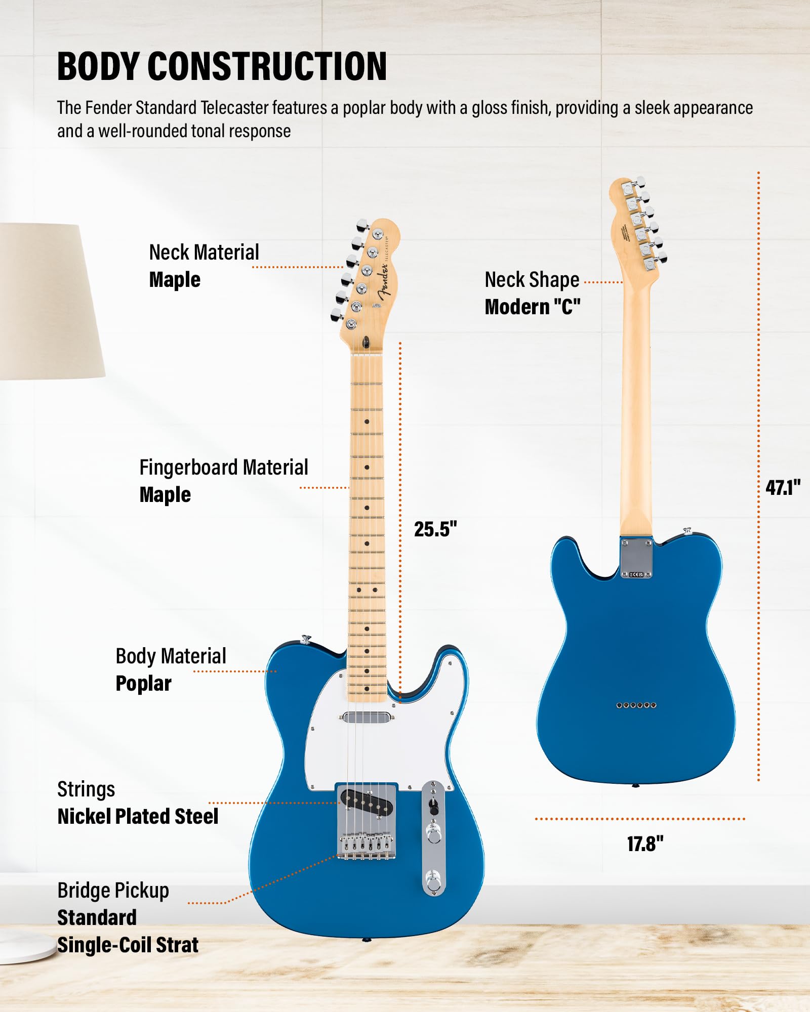 Fender Standard Telecaster - Aqua Marine Metallic Bundle with Strap, Guitar Cleaning Kit and Austin Bazaar Instructional Video