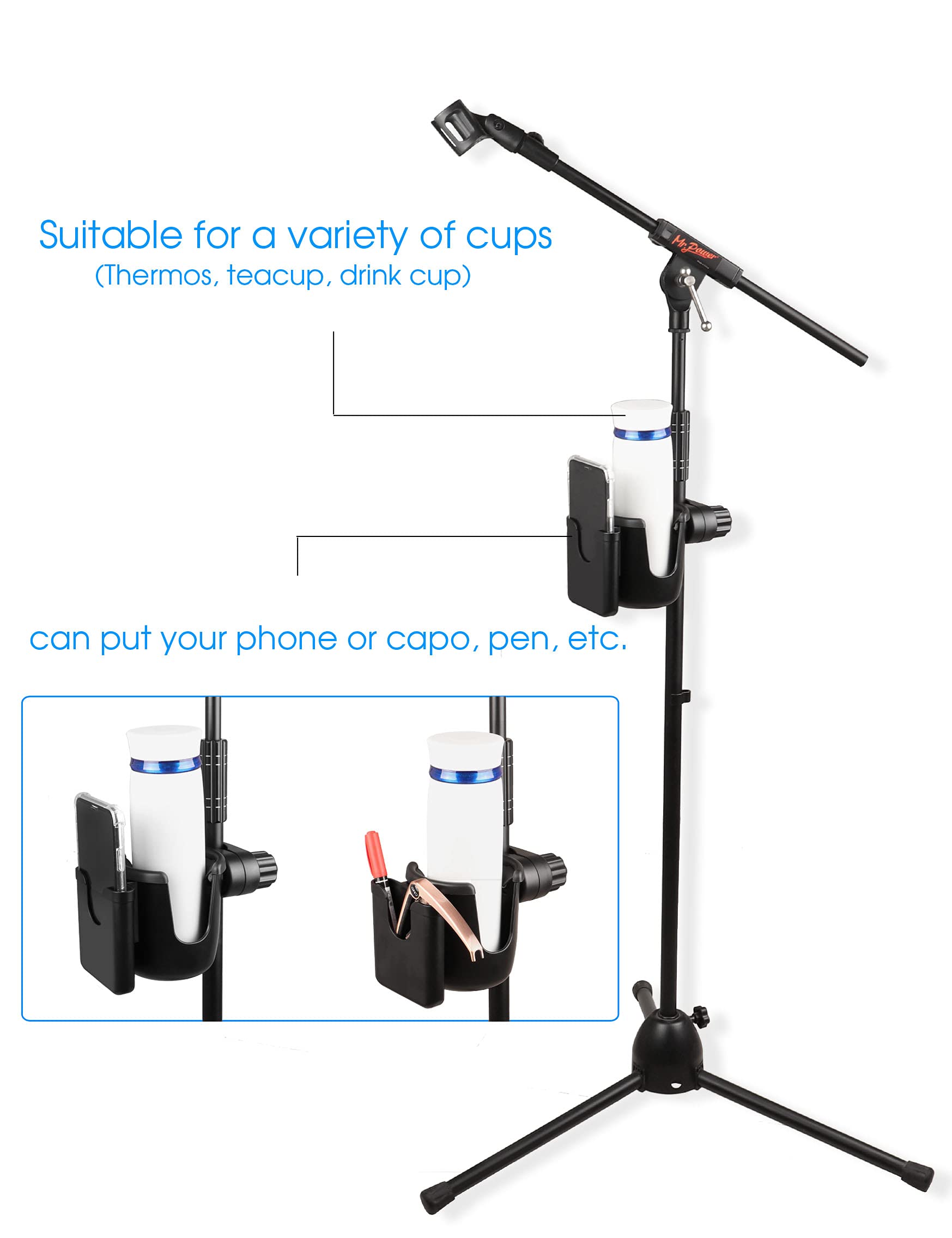 Mr.Power Mic Stand Cup Holder with Phone Holder, Universal 2-in-1 Bottle Holder for Music Stand, Boom