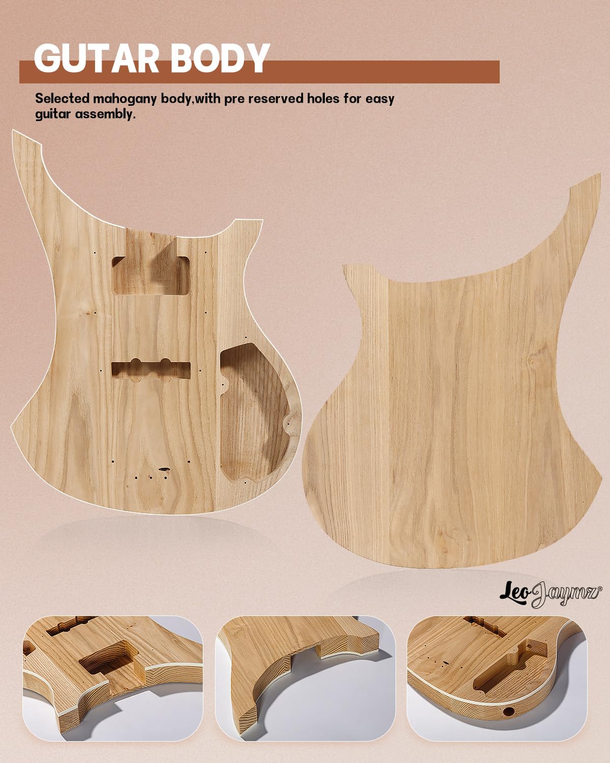 Leo Jaymz DIY Electric Bass Guitar Kits - Roasted Ash Wood Body, Maple Neck and Laurel Wood Fingerboard - Fully Components Inclu