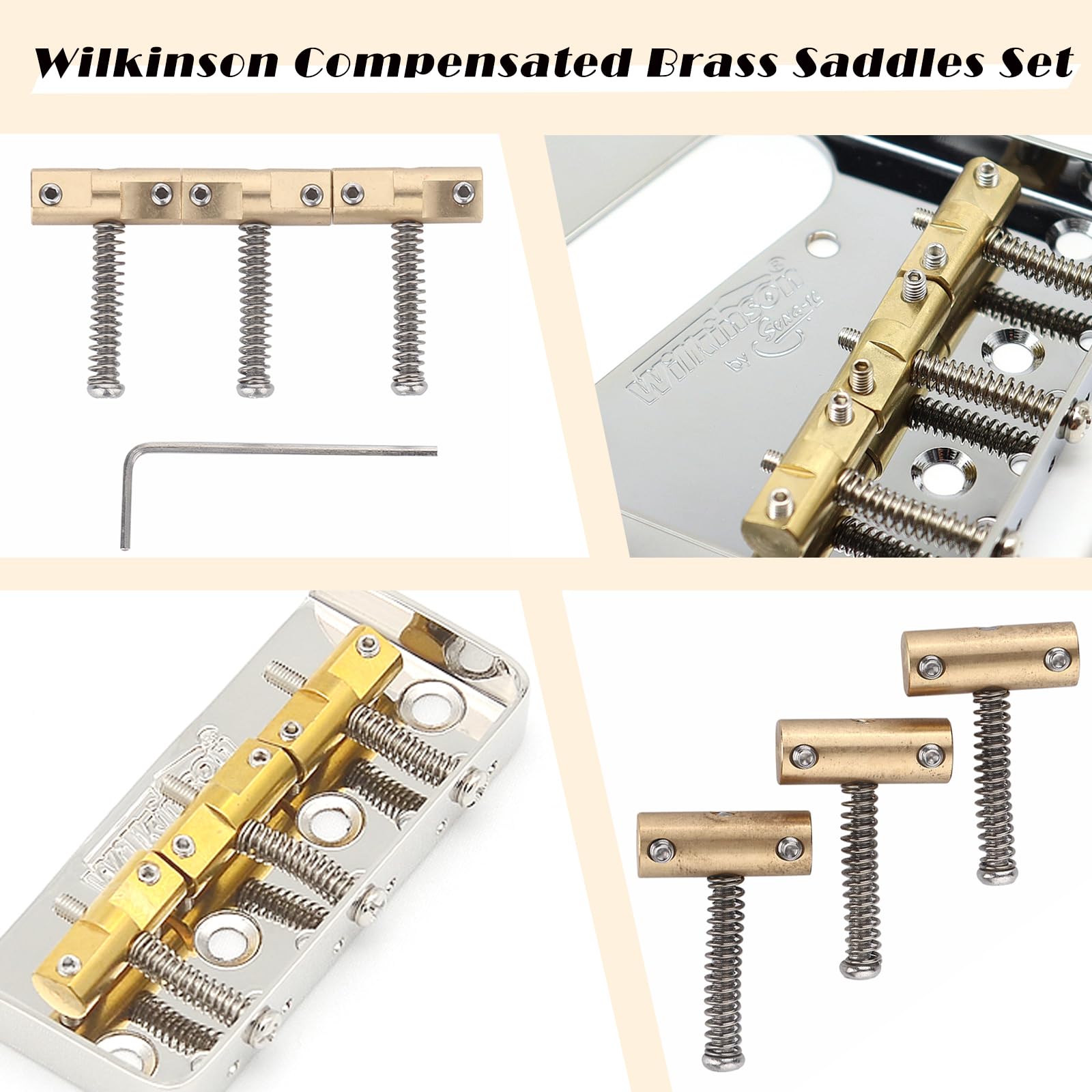 Wilkinson Guitar Bridge Compensated Brass Saddles Set -3pcs Vintage-Style Telecaster Electric Guitar Bridge Saddles - Replacemen