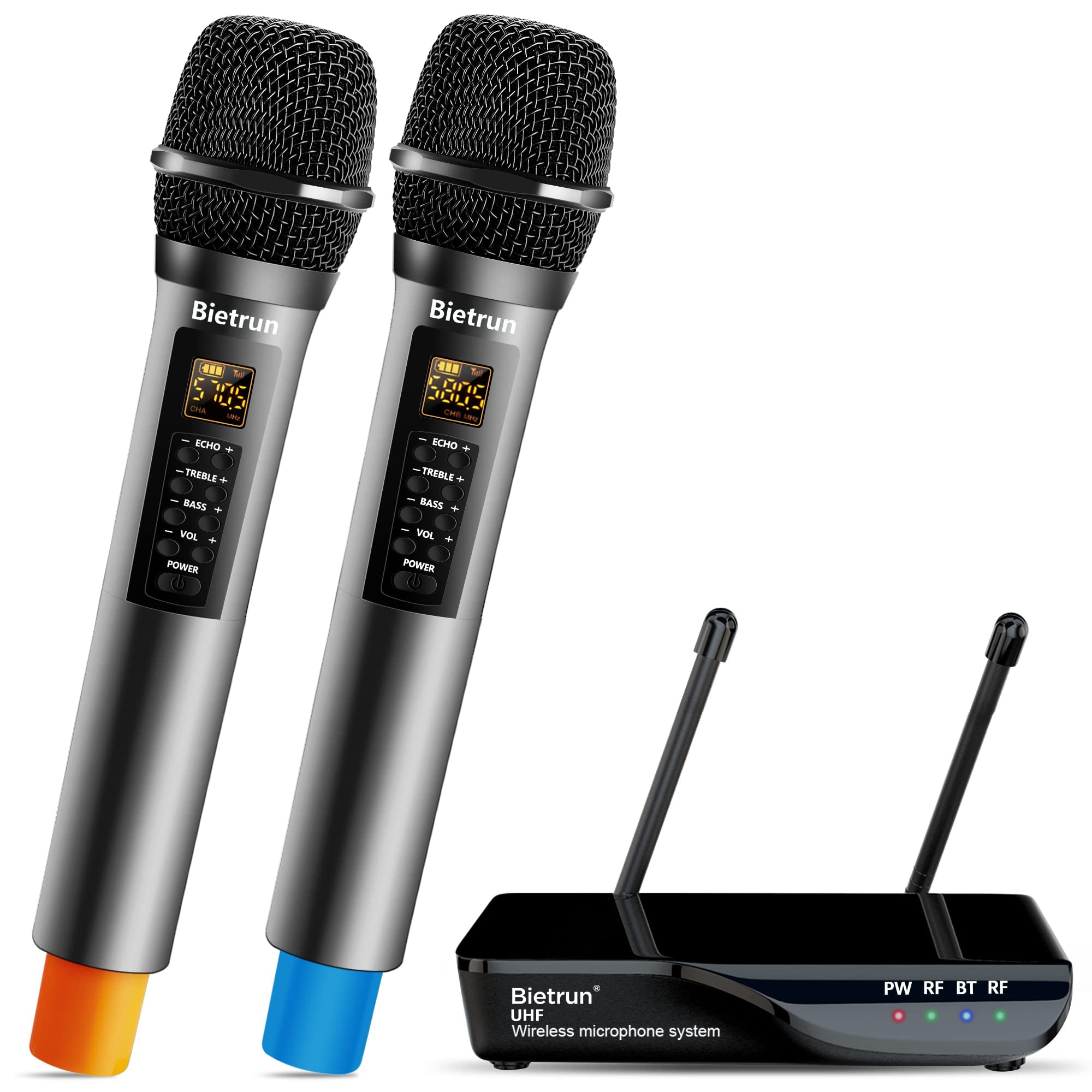 Bietrun Wireless Microphone With Echo, Treble, Bass & Bluetooth, 160 Ft Range, Uhf Portable Dual Handheld Karaoke Dynamic Microp