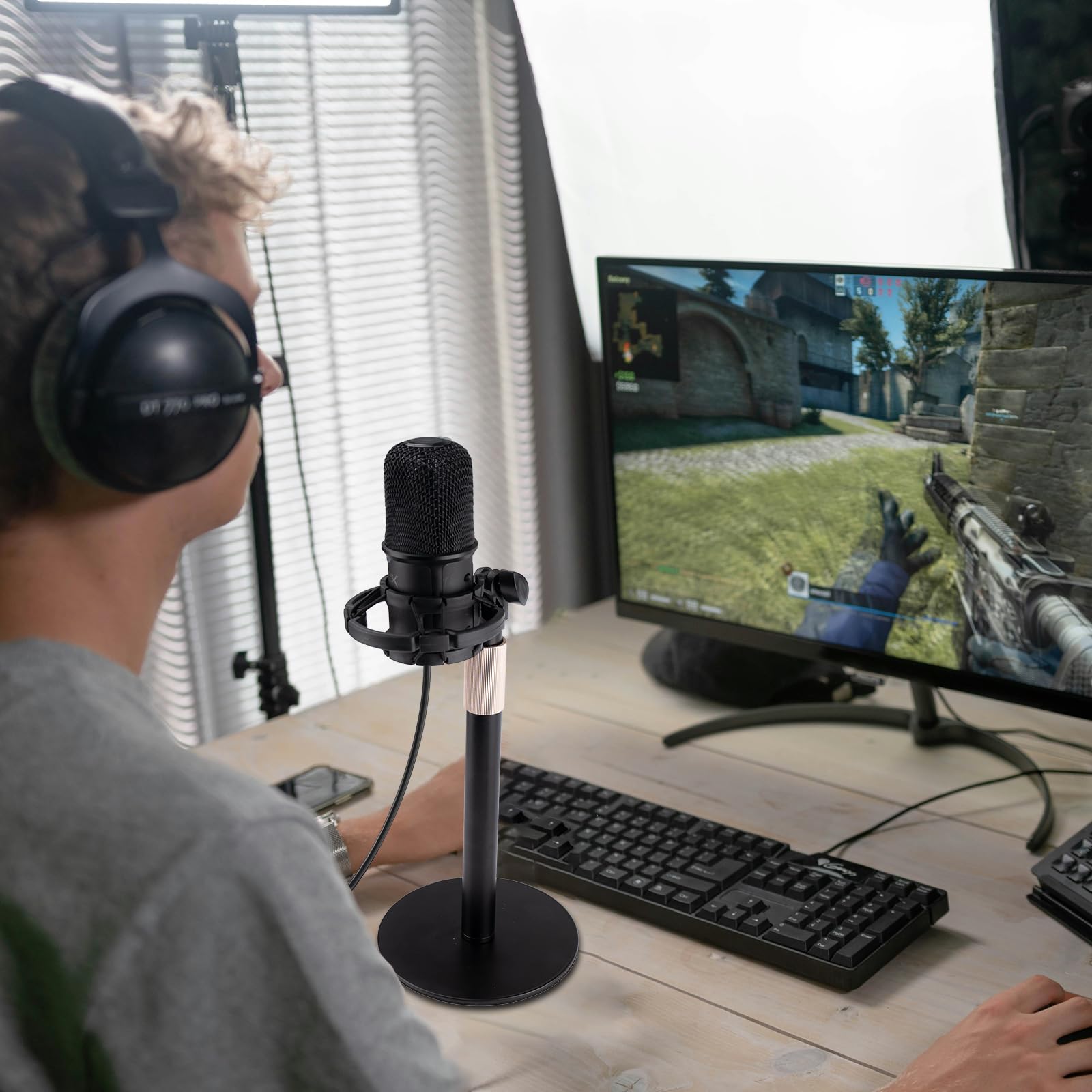 Mic Stand Desk,Desktop Microphone Stand Adjustable Table Mic Stand with Universal Microphone Clip and Shock Mount Mic Clip,One 3