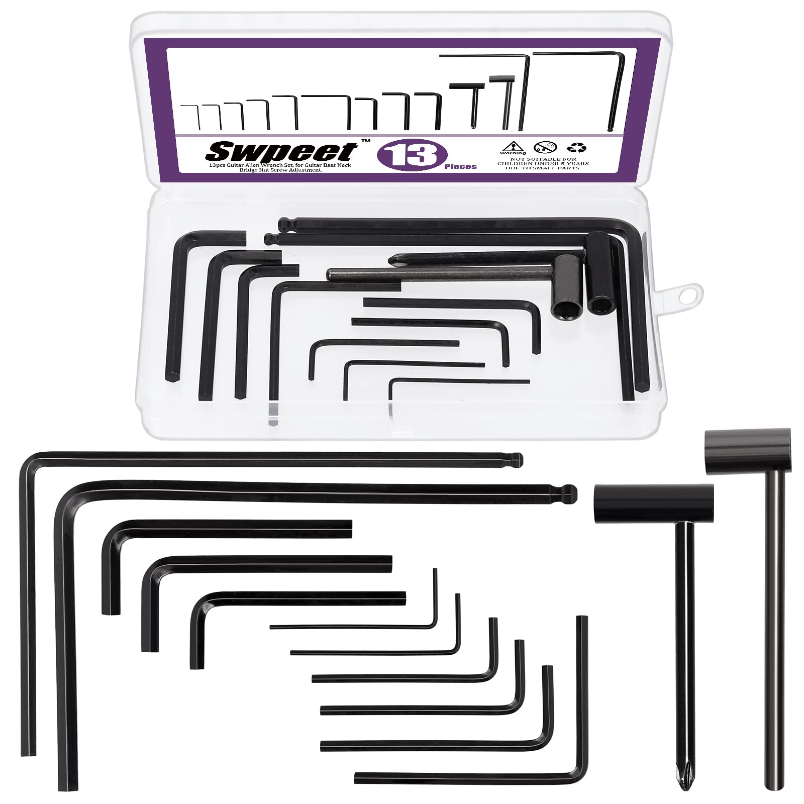 Swpeet 13Pcs Guitar Allen Wrench Set, Including 9Pcs Allen Wrench, 7Mm & 8Mm Truss Rod Hex Box Wrenches And 4Mm & 5Mm Ball End T
