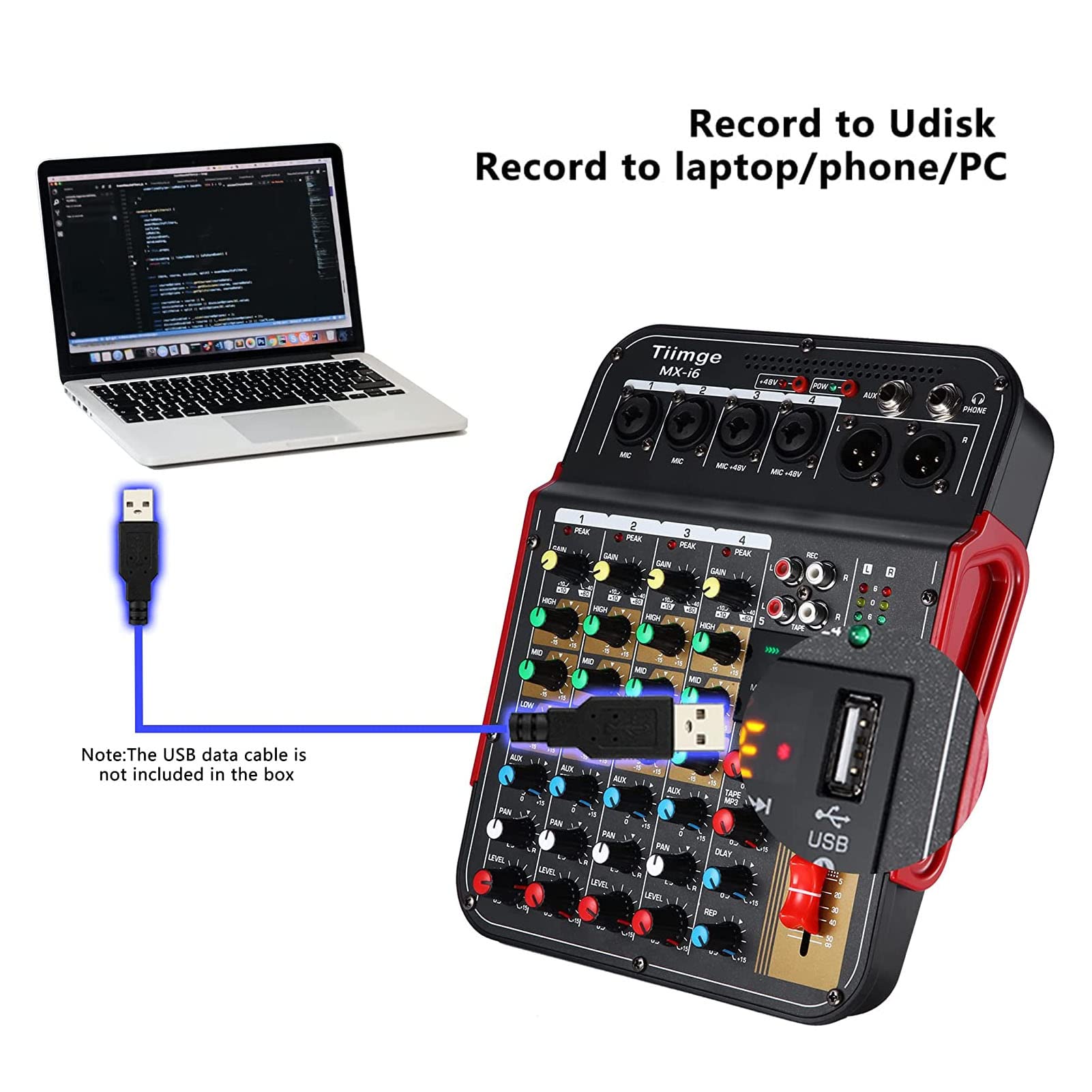 Jeanoko Audio Mixer Sound Mixing Console,Professional Mixing Console, 4 Channel Audio Mixer Controller USB Input 3 Band EQ Metal