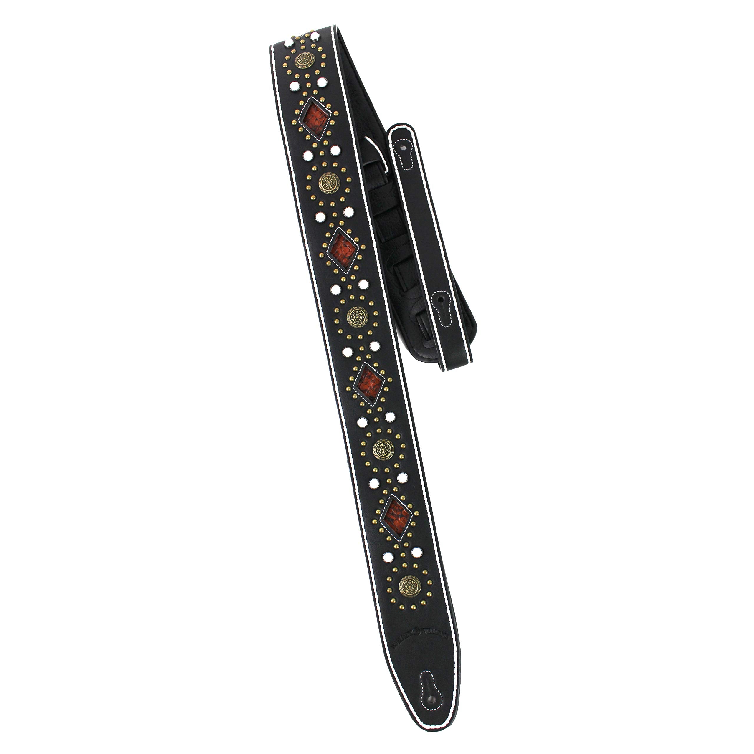 Walker And Williams GTR-20-WHT Sedona Special Premium Black Padded Guitar Strap With White Stitching Brass Studs & Rivets For Ac