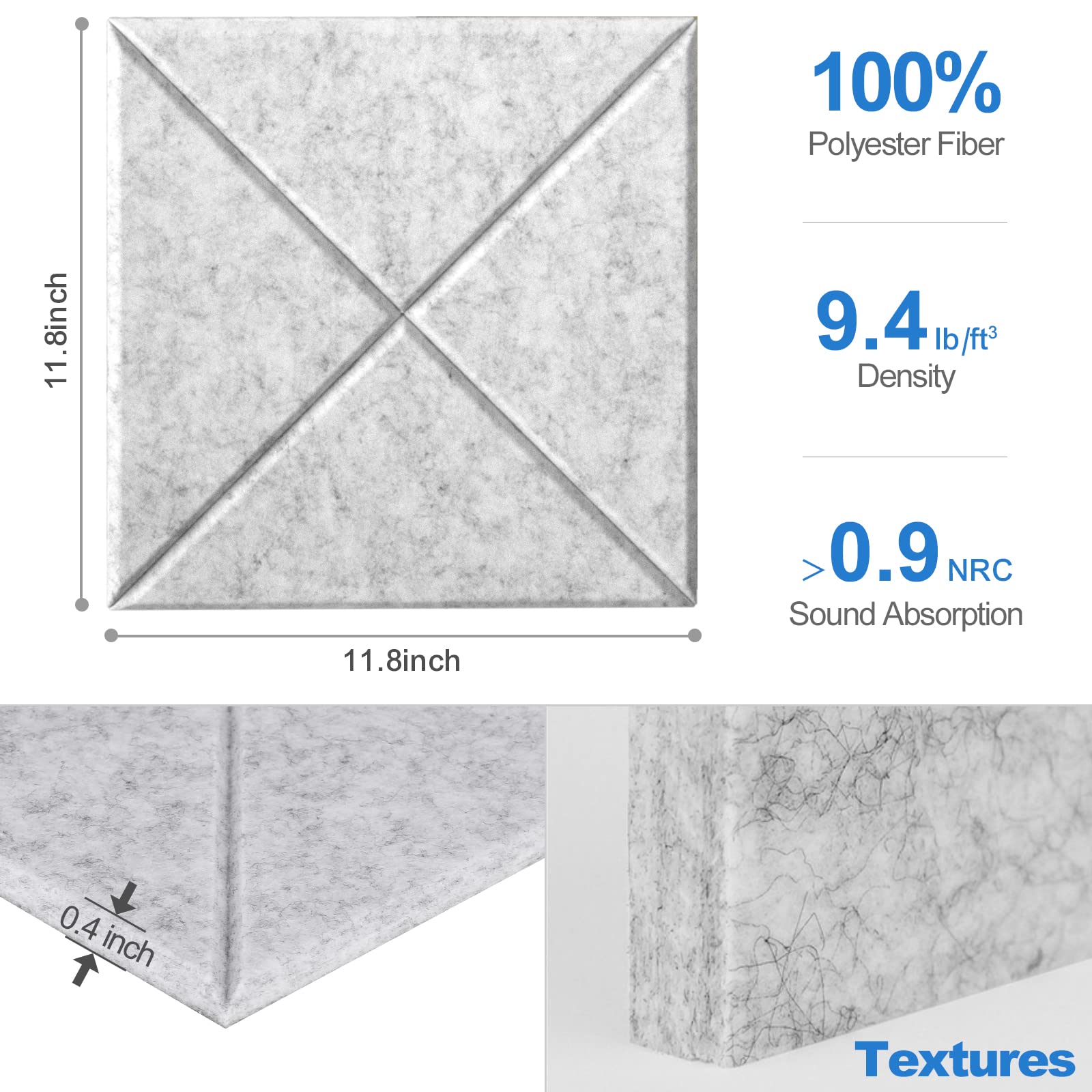 Sonicism 12 Pack X-Lined Acoustic Panels with Self-Adhesive, 12'' X 12'' X 0.4'' Sound Proof Foam Panels, Decorative Soundproof