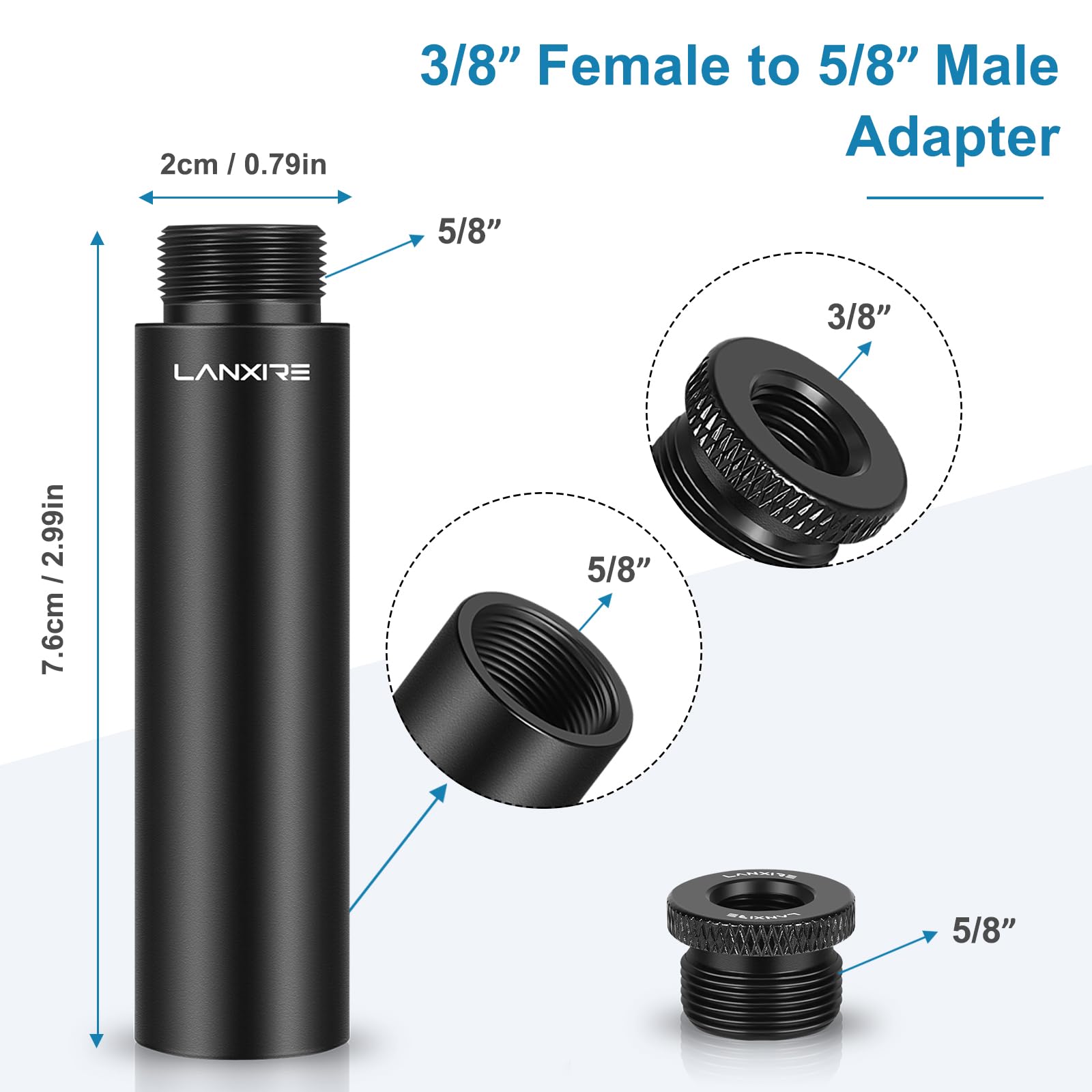 Lanxire Mic Stand Extension Tube, 4 Pcs 5/8'' Female to 5/8'' Male Microphone Extension Pipe with with 2 Pcs 3/8'' to 5/8'' Meta