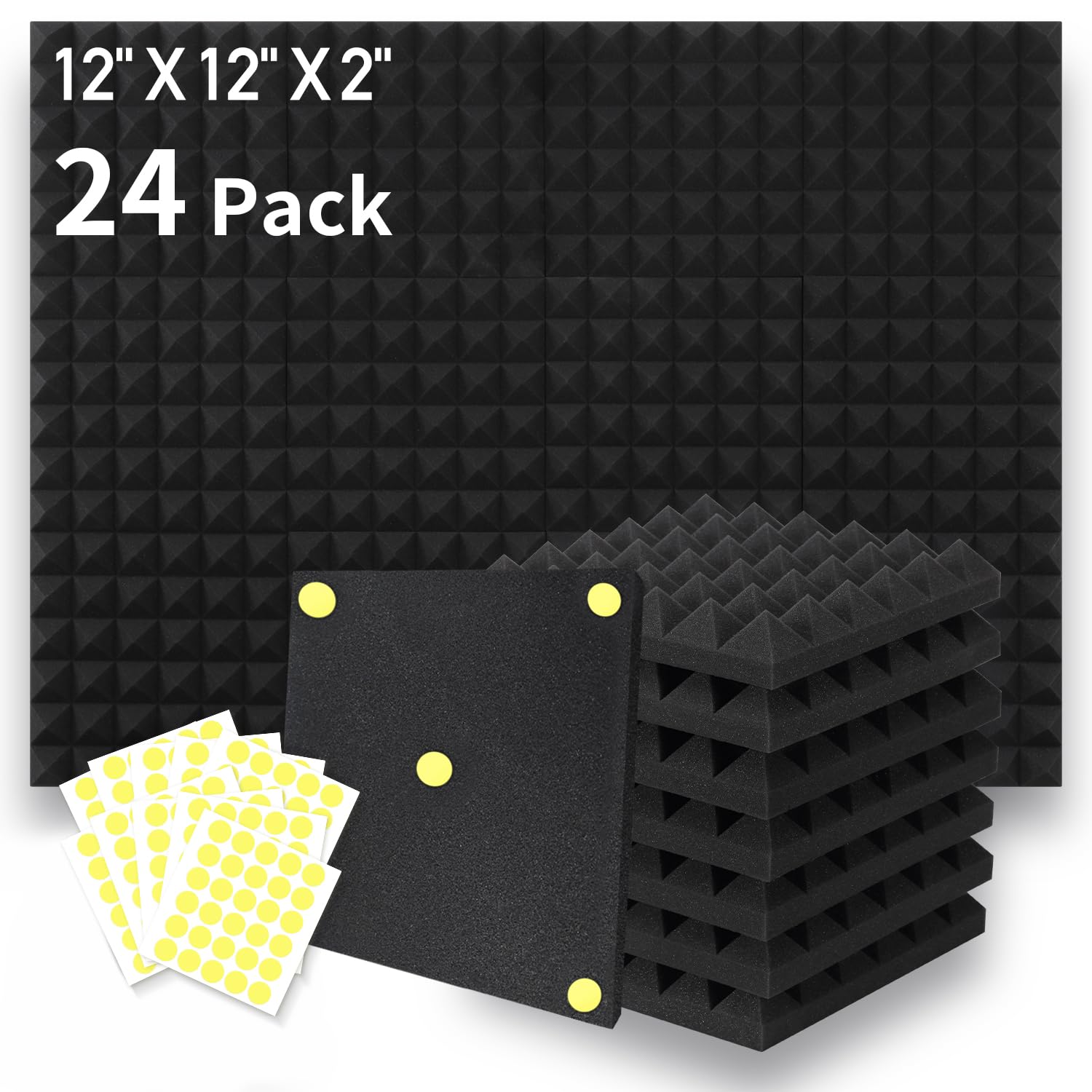 Focusound 24 Packs Acoustic Foam Panels Pyramid 2'' X 12'' X 12'', Soundproofing Foam Noise Cancelling Foam With 120 Pcs Double-
