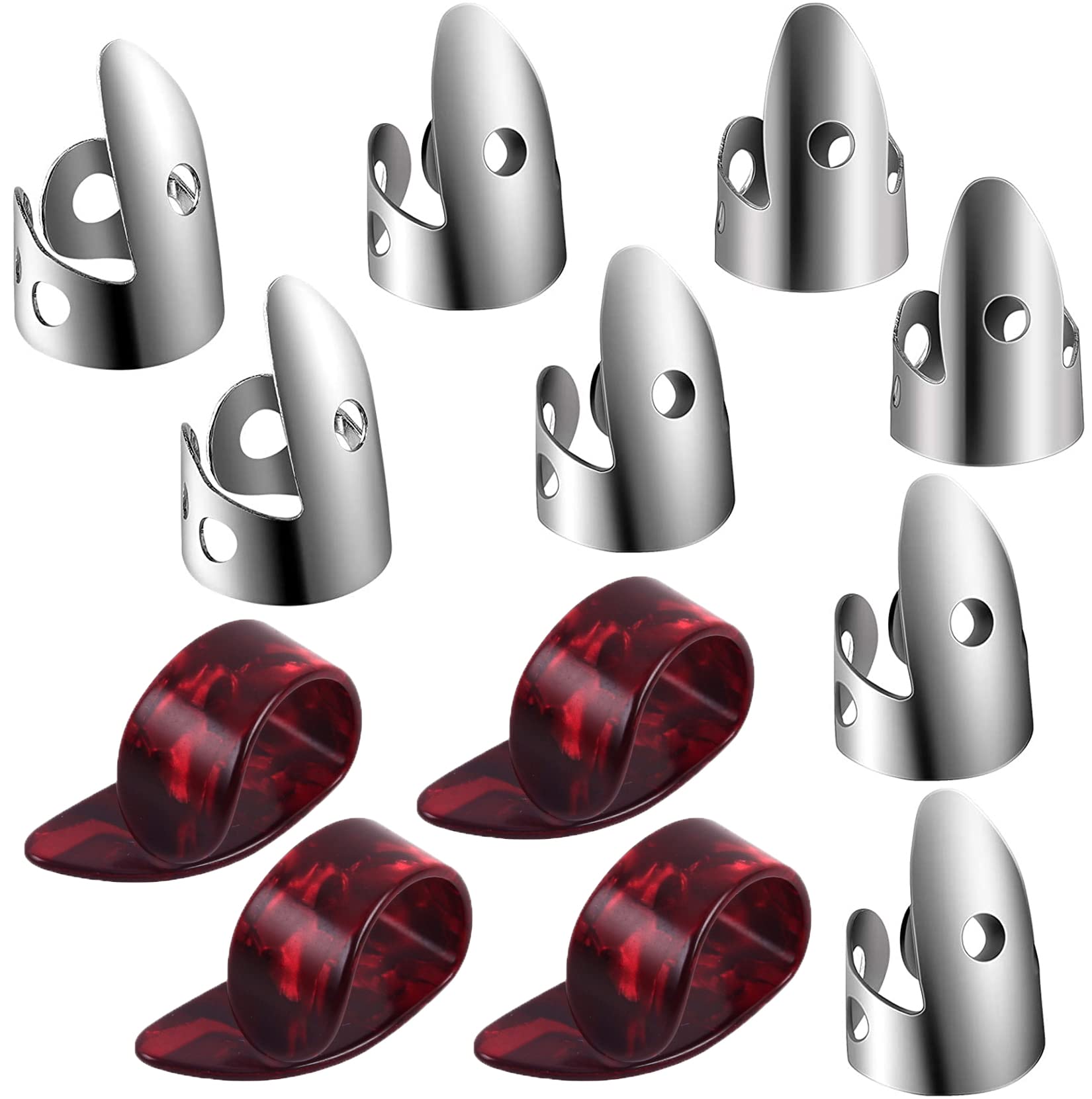12Pcs Adjustable Finger Thumb Picks Set Includes 8Pcs Silver Stainless Steel Finger Picks And 4Pcs Plastic Thumb Picks For Guita