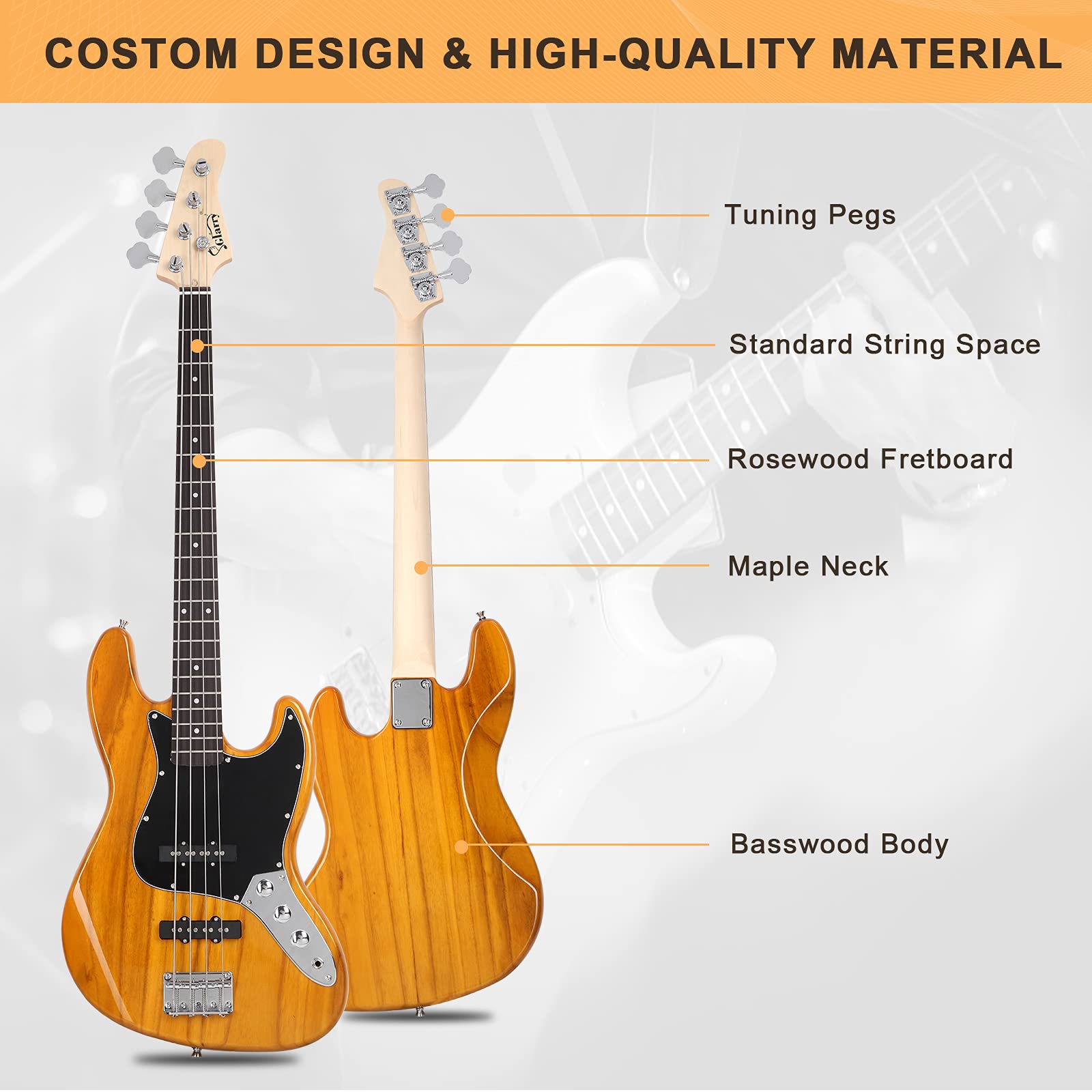 GLARRY 4 String GJazz Electric Bass Guitar Full Size Right Handed with Guitar Bag, Amp Cord and Beginner Kits (Transparent Yello