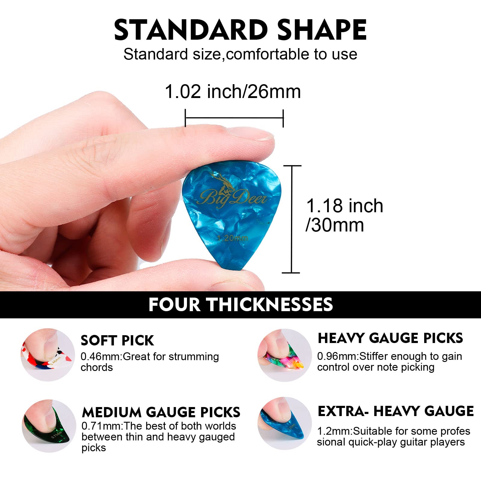 BigDeer 30 pack Celluloid Guitar Picks ,includes Thin,Medium, Heavy & Extra Heavy Picks Plectrums for Acoustic Guitar,Ukulele,Ba