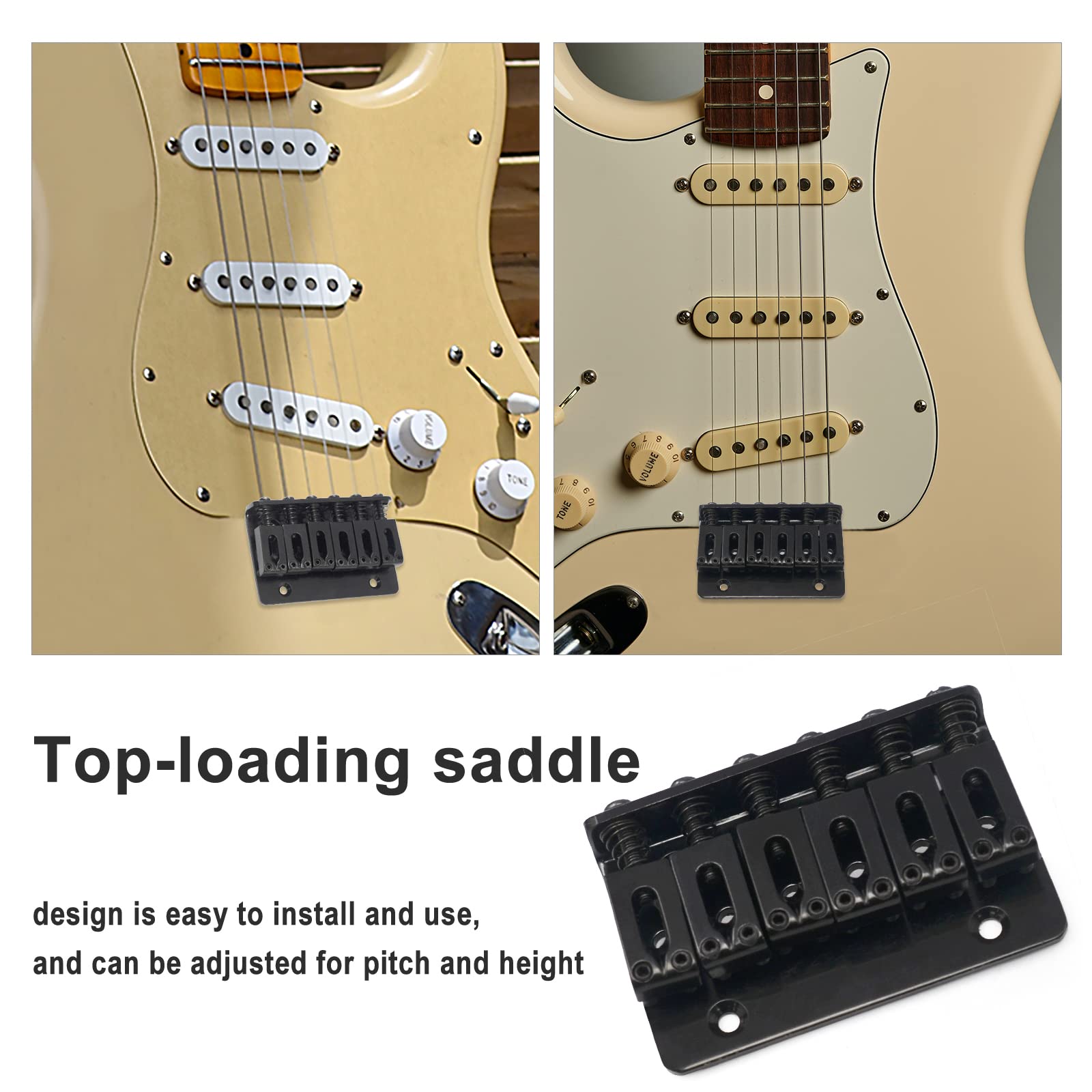 MAXCHEER 65MM Metal Fixed Hardtail Saddle Bridge Top Load Guitar Tailpiece For 6 string electric guitar or strat guitar (Black,