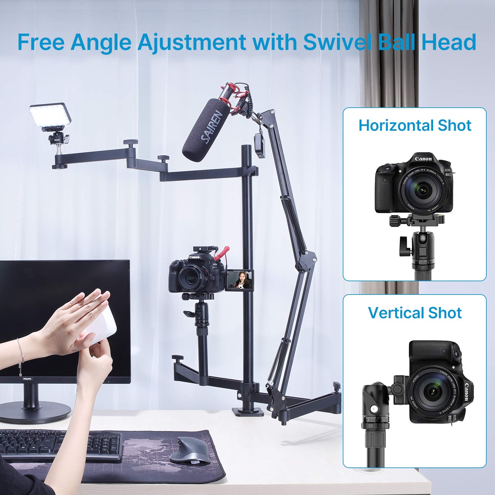 Live Broadcast Boom Arm, ULANZI Flexible Desk Mount Camera Arm Clamp Webcam Stand, Microphone Boom Arm for Blue Yeti Snowball Ye