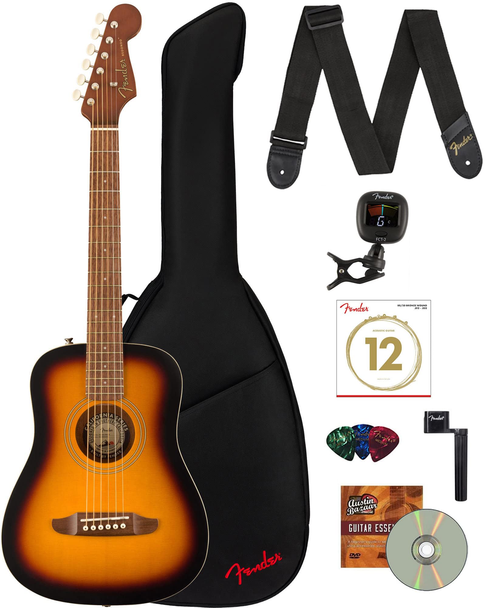Fender Redondo Mini Acoustic Guitar Bundle With Gig Bag, Strap, Clip-On Tuner, Strings, String Winder, Picks, And Austin Bazaar