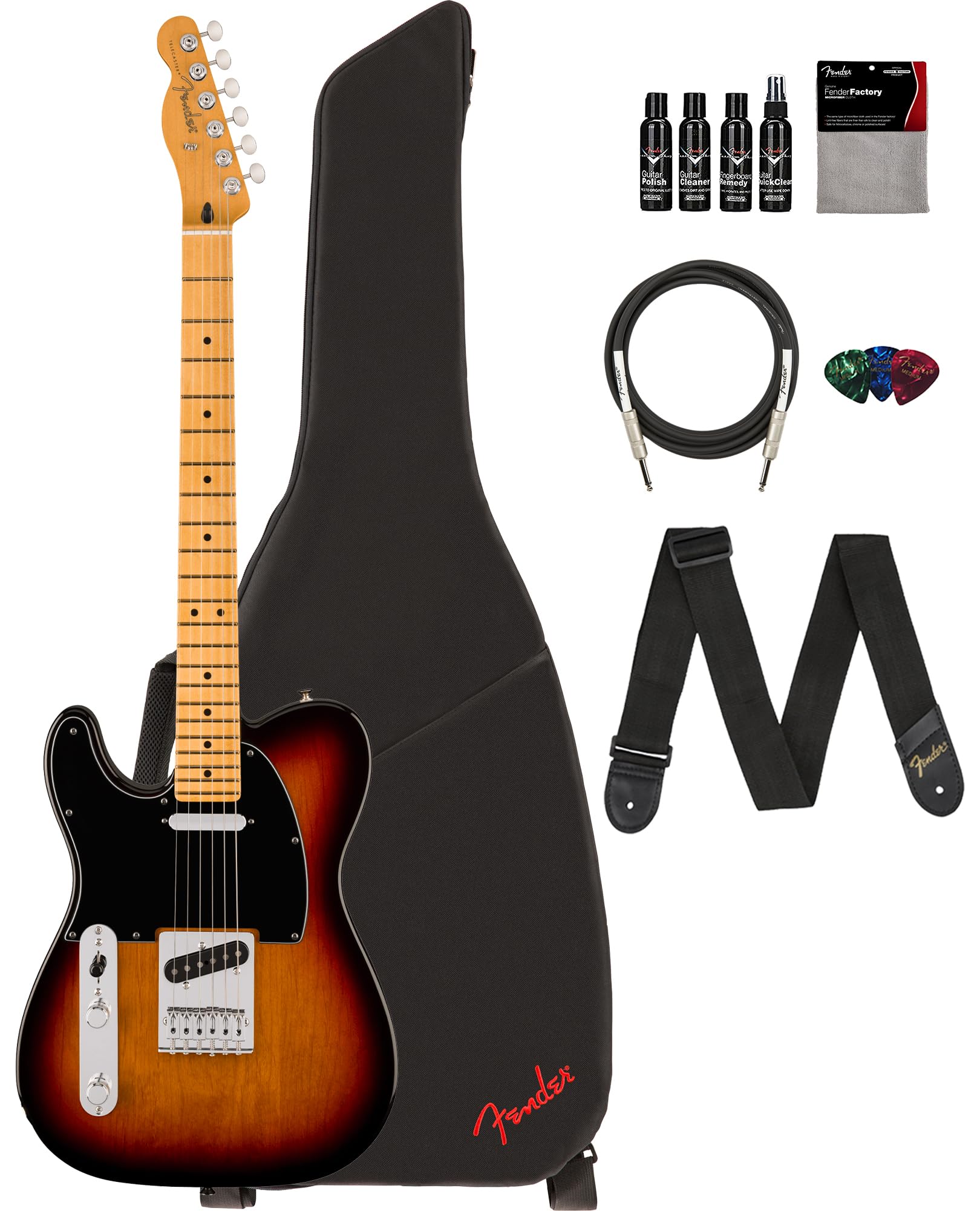 Fender Player Ii Telecaster Left-Handed - 3-Color Sunburst Bundle With Gig Bag, Strap, Cable, 3-Pack Picks And Guitar Cleaning K