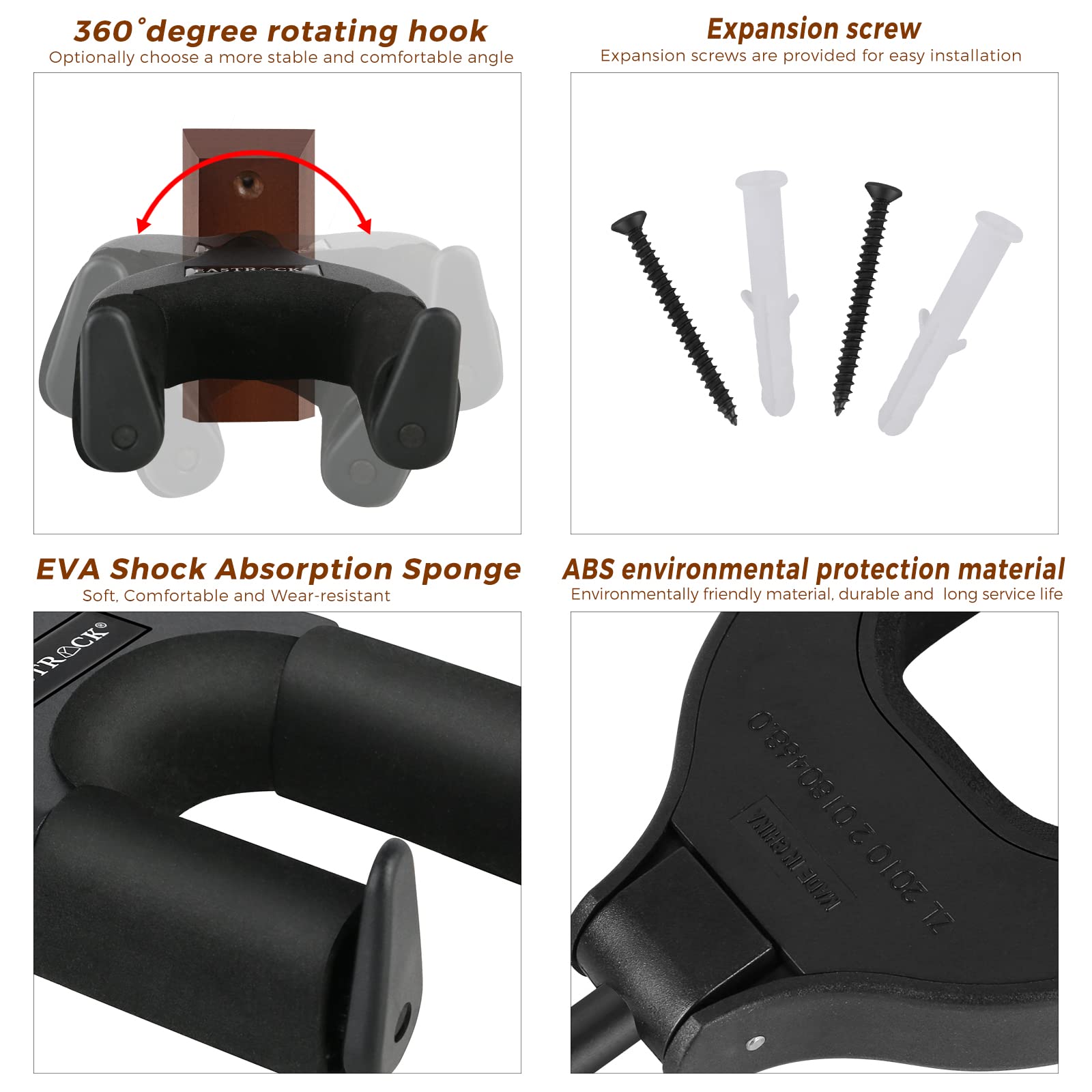 EASTROCK Guitar Wall Mount Locking, Hardwood Guitar Hanger Wall Mount Auto Lock, Adjustable Rotatable Guitar Holder Stand for Ac