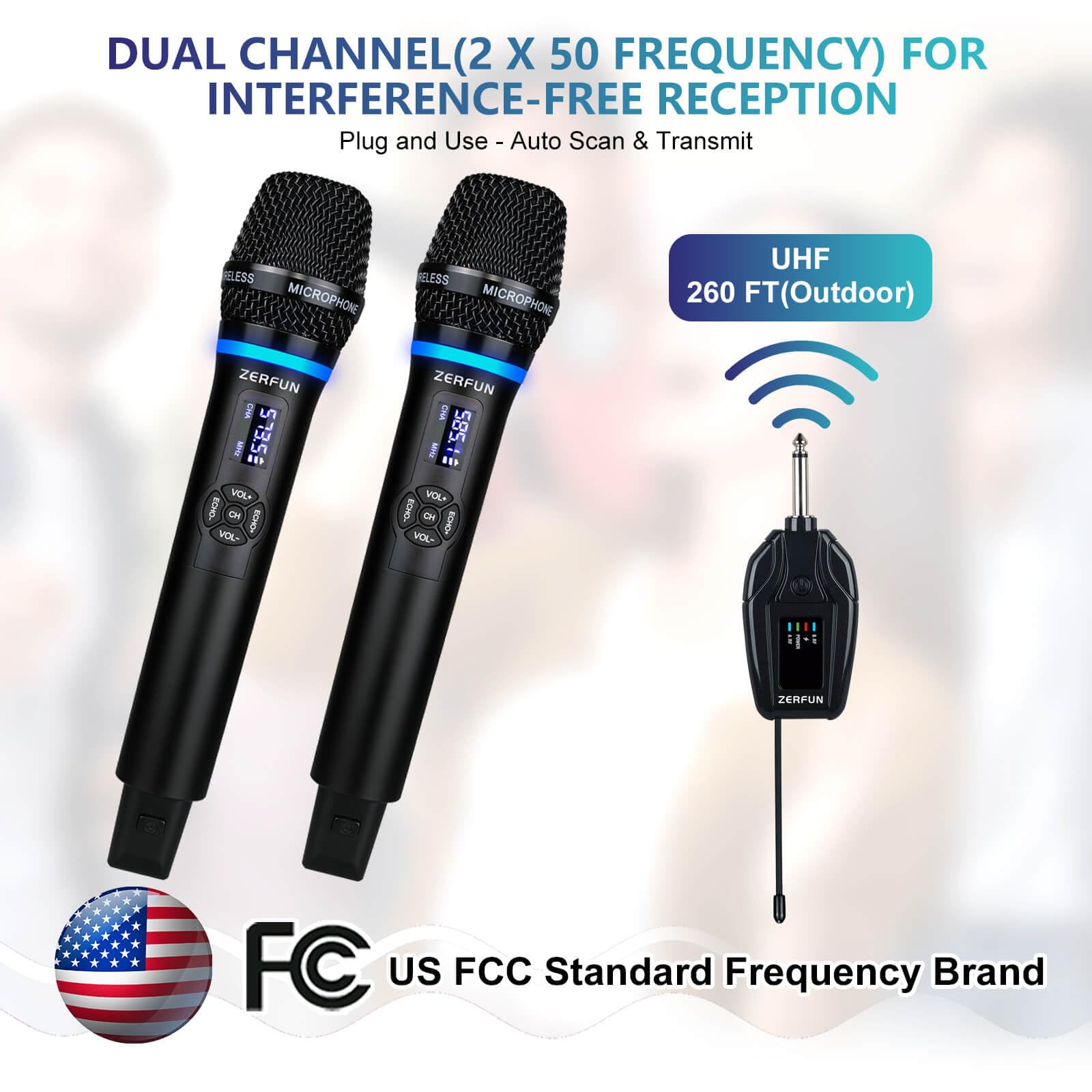 ZERFUN Dual Wireless Microphones Rechargeable, UHF Metal Wireless Mic System Cordless Microphone Professional with Echo VOL Chan