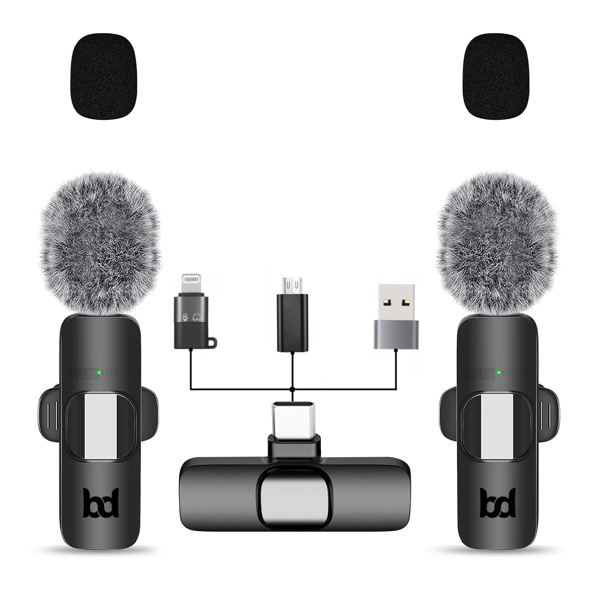 Bassdrops 2 Pcs. Wireless Lavalier Microphones For Iphone, Ipad - Crystal Clear Sound Quality For Recording, Live Streaming, You