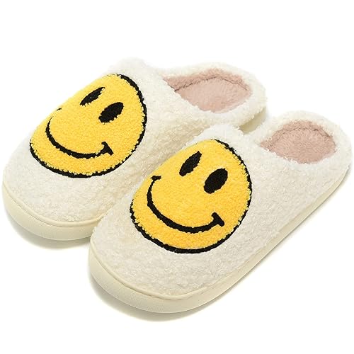 Retro Fuzzy Face Slippers for Women Men, Retro Soft Fluffy Warm Home Non-Slip couple Style casual Smiley Face Slippers Indoor Ou