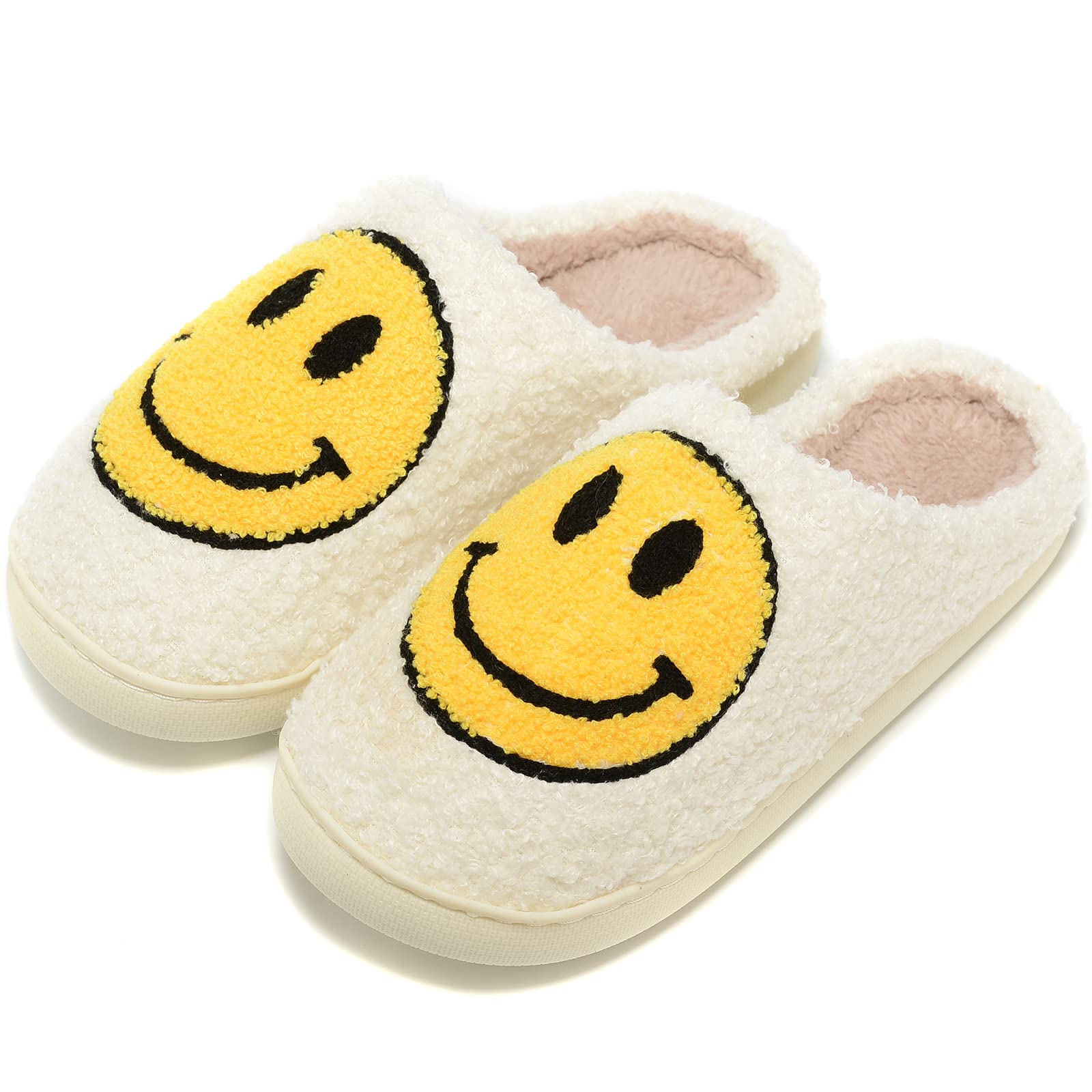 Retro Fuzzy Face Slippers For Women Men, Retro Soft Fluffy Warm Home Non-Slip Couple Style Casual Smiley Face Slippers Indoor Ou
