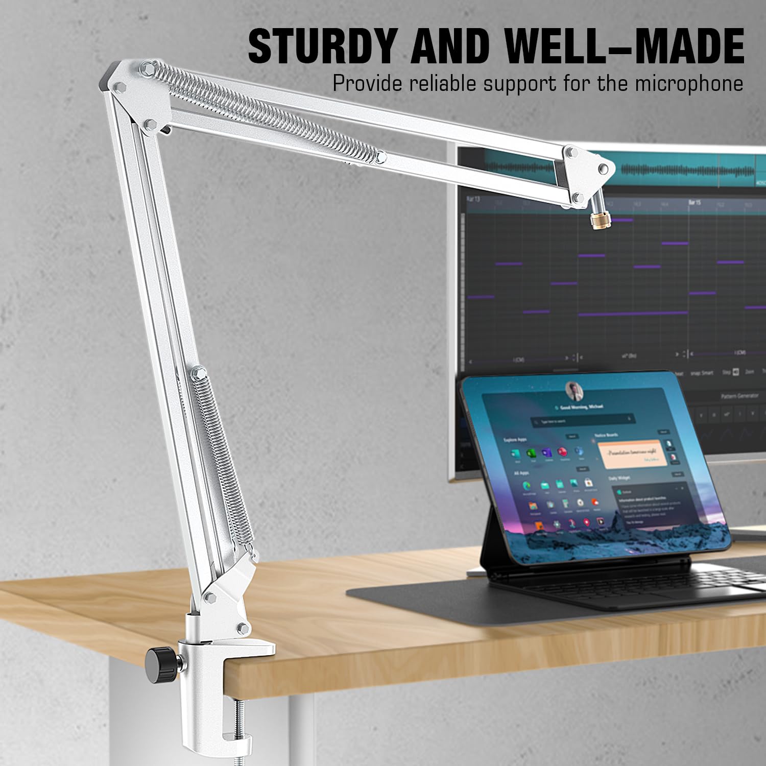 FIFINE Microphone Boom Arm, Suspension Mic Arm Stand with Mount Clamp, Metal Scissor Mic Stand with 3/8'' to 5/8'' Adapter for H