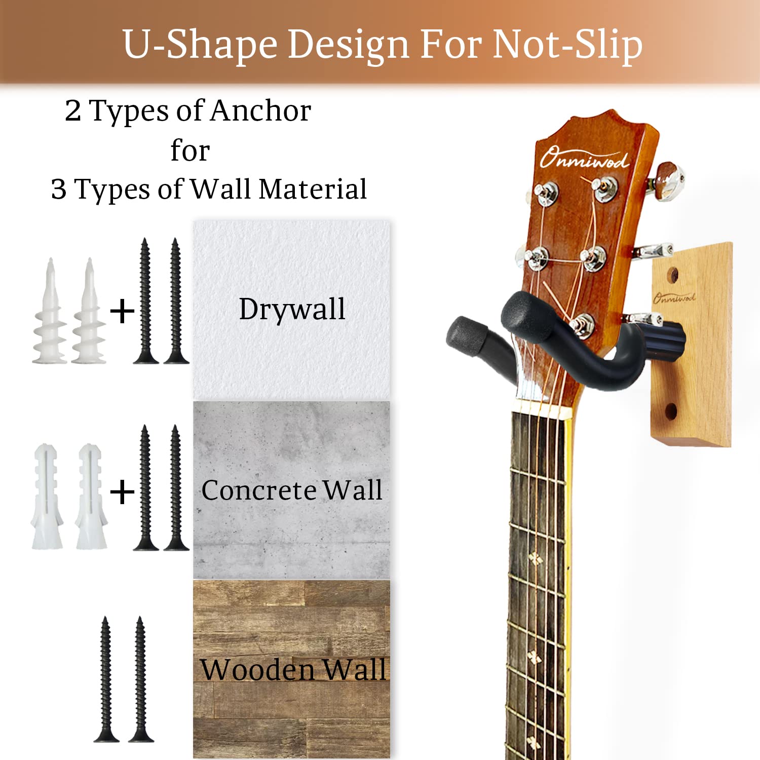 Onmiwod Guitar Wall Mount 3 Pack, Ash Hardwood Guitar Hanger, U-Shaped Guitar Wall Hanger Mount, Guitar Holder Hook Stand Wall f
