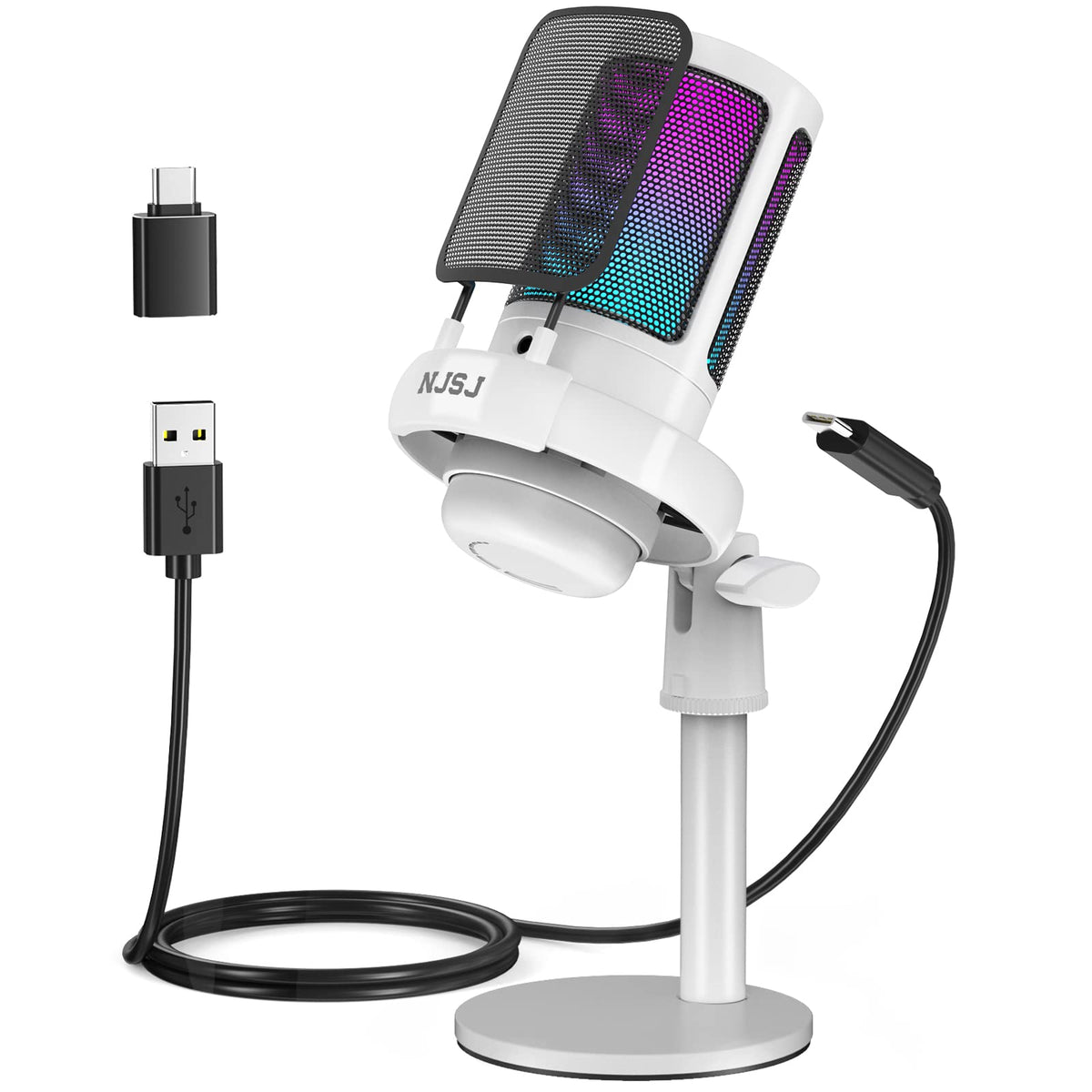 Njsj Usb Microphone For Pc, Gaming Mic For Ps4/ Ps5/ Mac/Phone,Condenser Microphone With Touch Mute, Rgb Lighting,Gain Knob & Mo