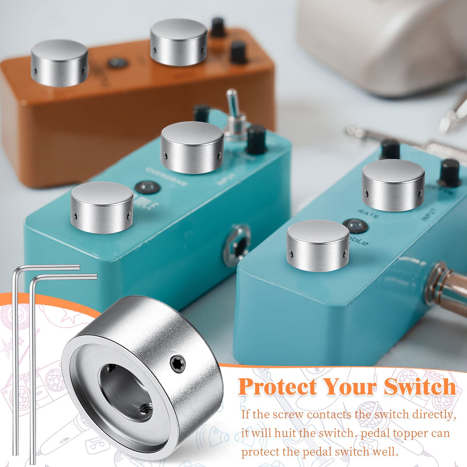 Pedal Footswitch Topper Metal Barefoot Pedal Buttons with 3 Screws and Rubber Insert Fit Tightly on Common Pedal Switches(3/8''1