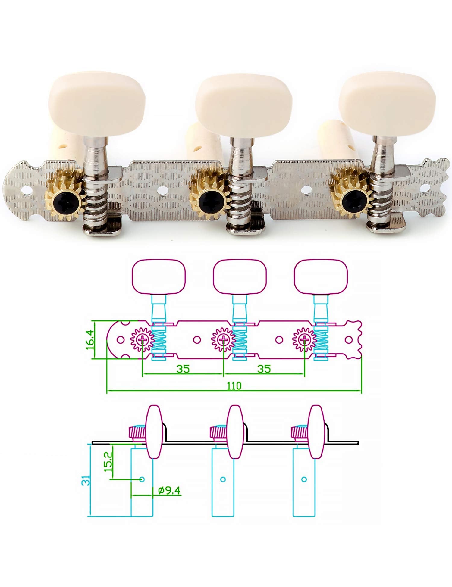 Metallor 3 on a Plank Guitar Tuning Pegs Machine Heads Tuning Keys Tuners for Classical Guitar Single Hole 3L 3R Chrome. (G317)