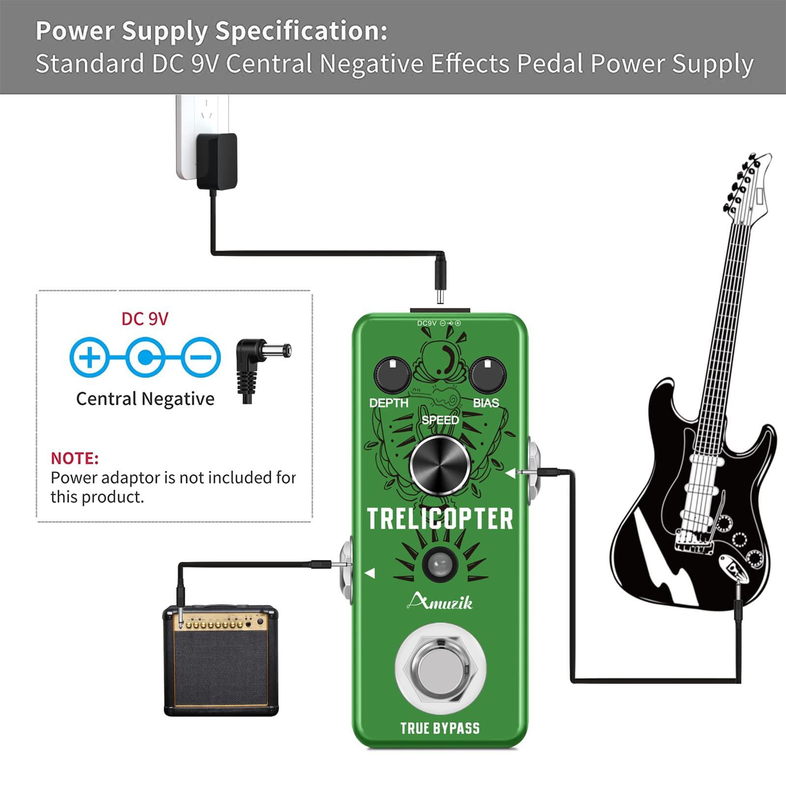 Amuzik Tremolo Guitar Effect Pedal Classic Trelicopter Effects Pedals Analog Tremolo Pedal for Electric Guitar True Bypass Mini