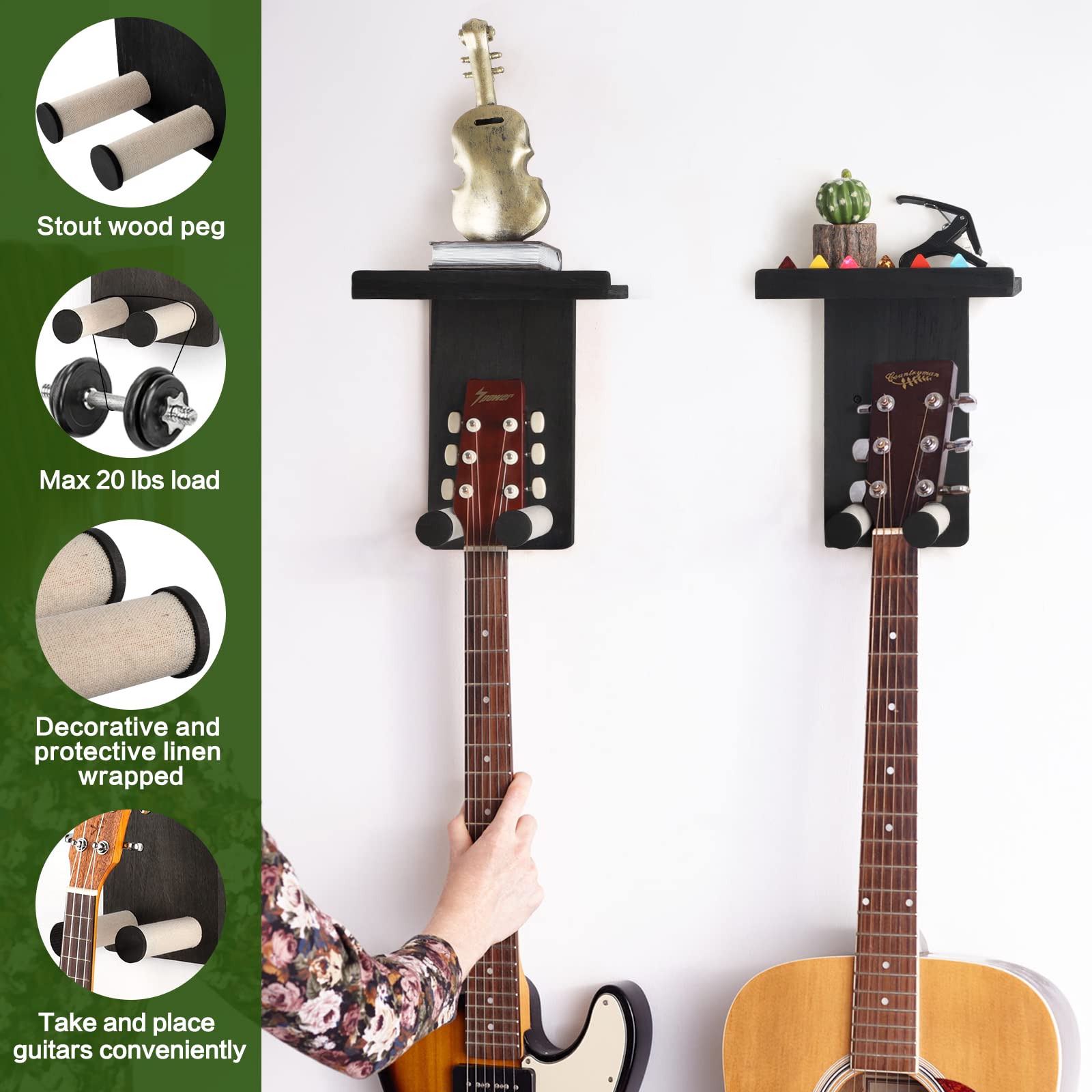 Keebofly Guitar Wall Mount,3 Pack Guitar Hanger Guitar Stand Wall with Pick Holder Guitar Rack for Acoustic or Electric Guitars,