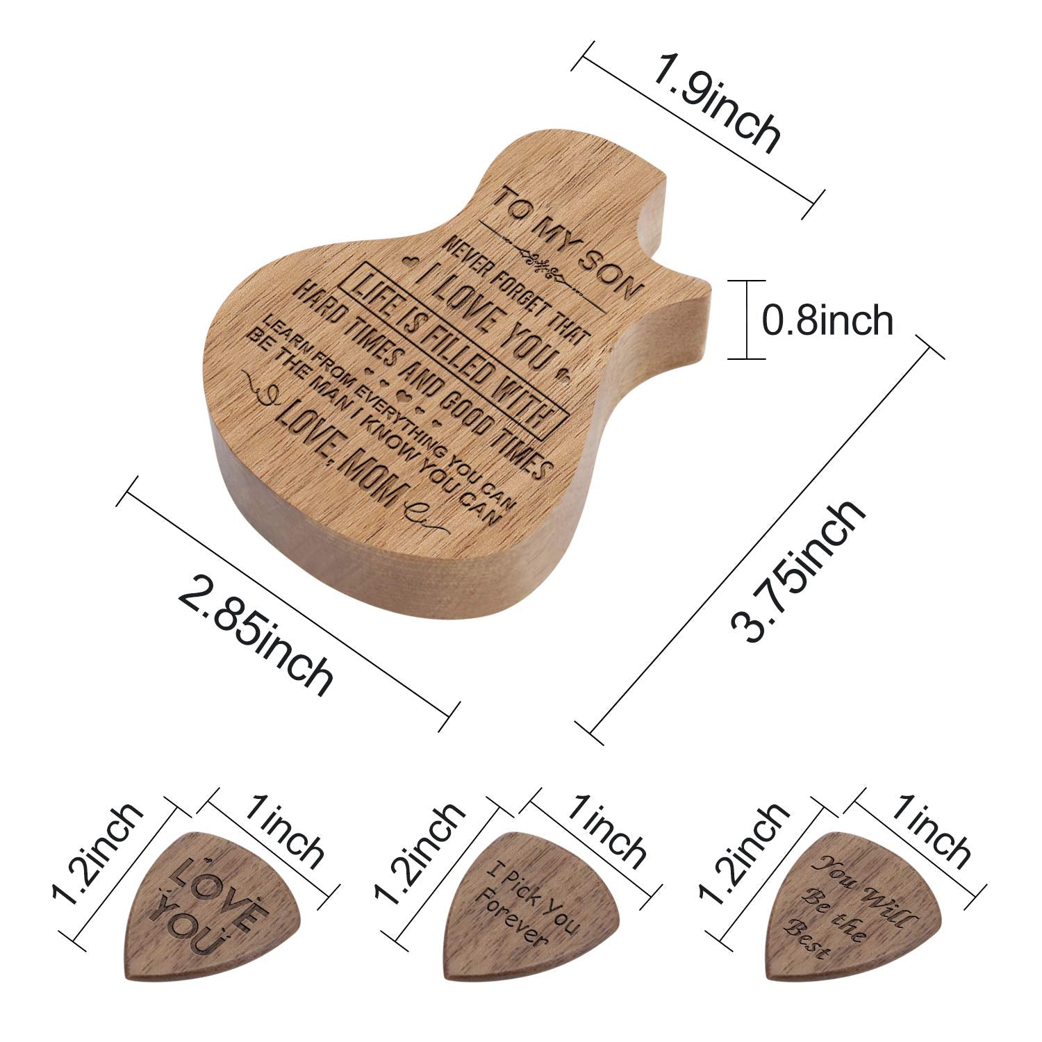 Engraved Personalized Wood Guitar Picks Box, Guitar Shaped Plectrum Container with 3 Pcs Standard Picks (To Son from Mom)