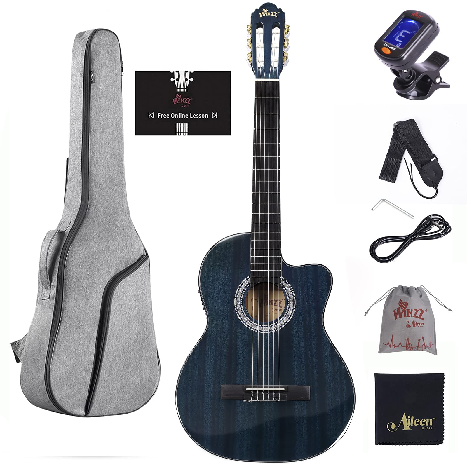 Winzz Ac309Ce 39 Inches Cutaway Nylon-String Classical Electric Guitar Build-In Pickup Kit Set Online Lessons, Blue