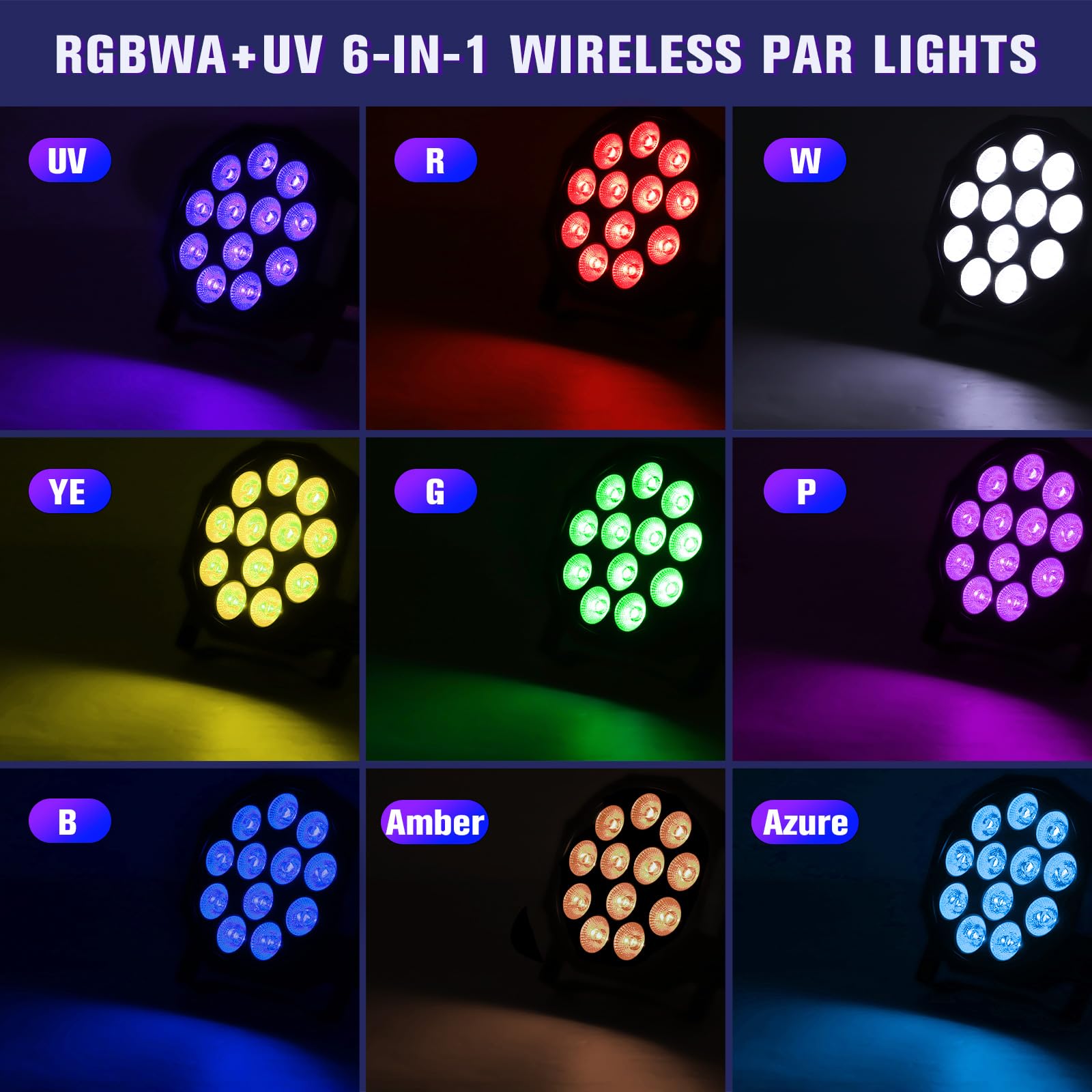 HOLDLAMP Rechargeable Par Lights Uplights RGBWA+UV 6-in-1 LED Battery Powered Stage Lights with Remote & DMX Control, Sound Acti