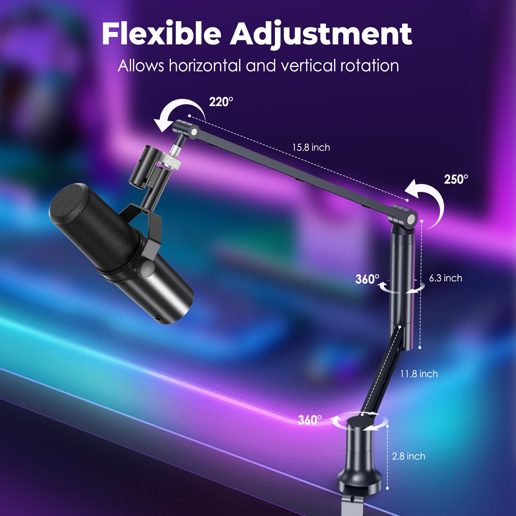 CreaDream Mic Boom Arm, Low Profile Microphone Arm Stand Desk Mount with Screw Adapter, Phone Holder, Detachable Rise Column, Ca