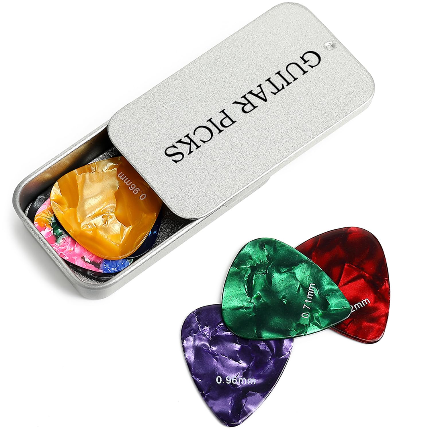 Celluloid Guitar Picks 15 Pack With Metal Box Includes Thin, Medium, Heavy & Extra Heavy Picks, For Acoustic Guitar Electric Gui