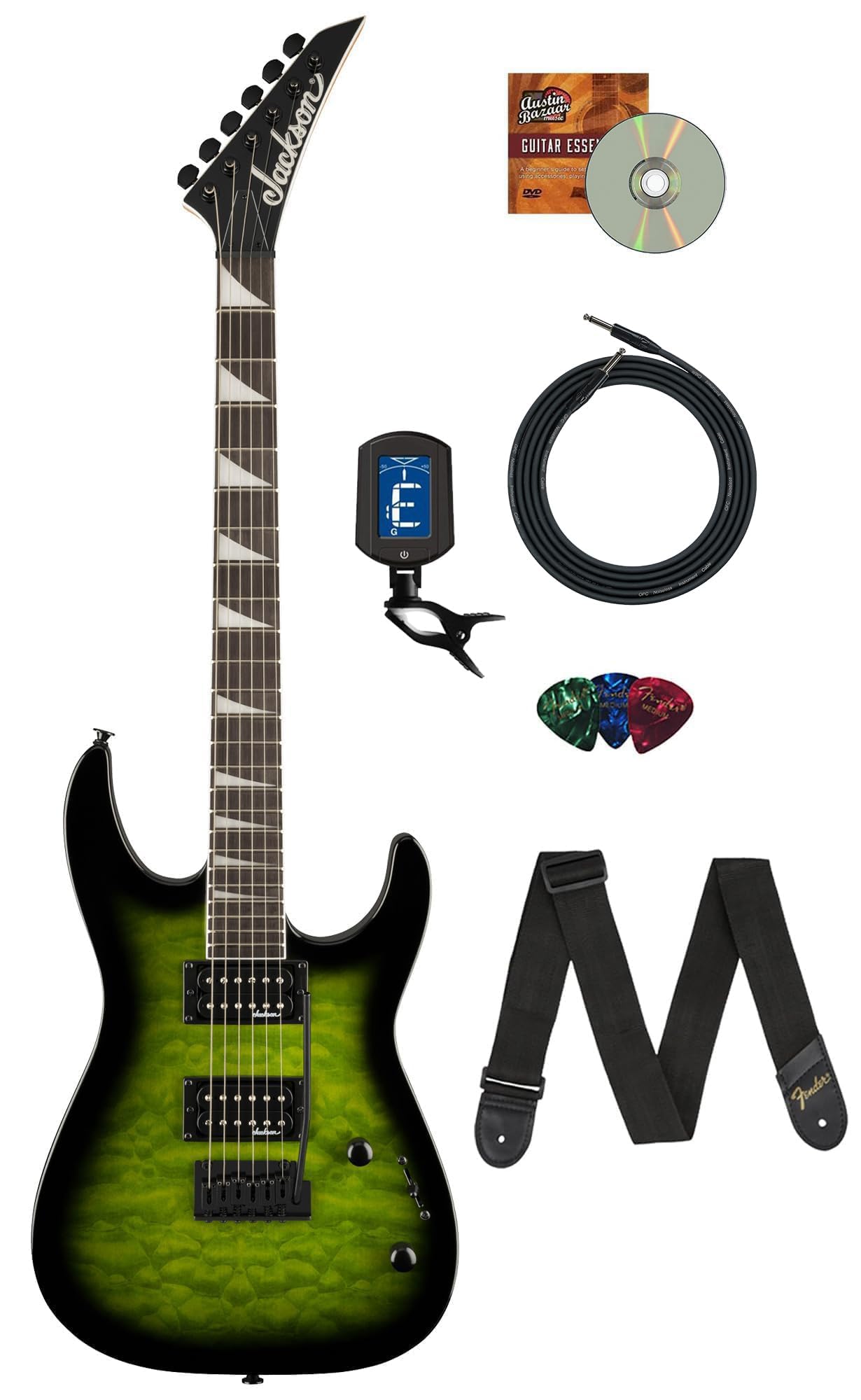 Jackson Js Series Dinky Js20 Dkq 2Pt Transparent Green Burst Bundle With Cable, Tuner, Strap, Picks, And Austin Bazaar Guitar Dv