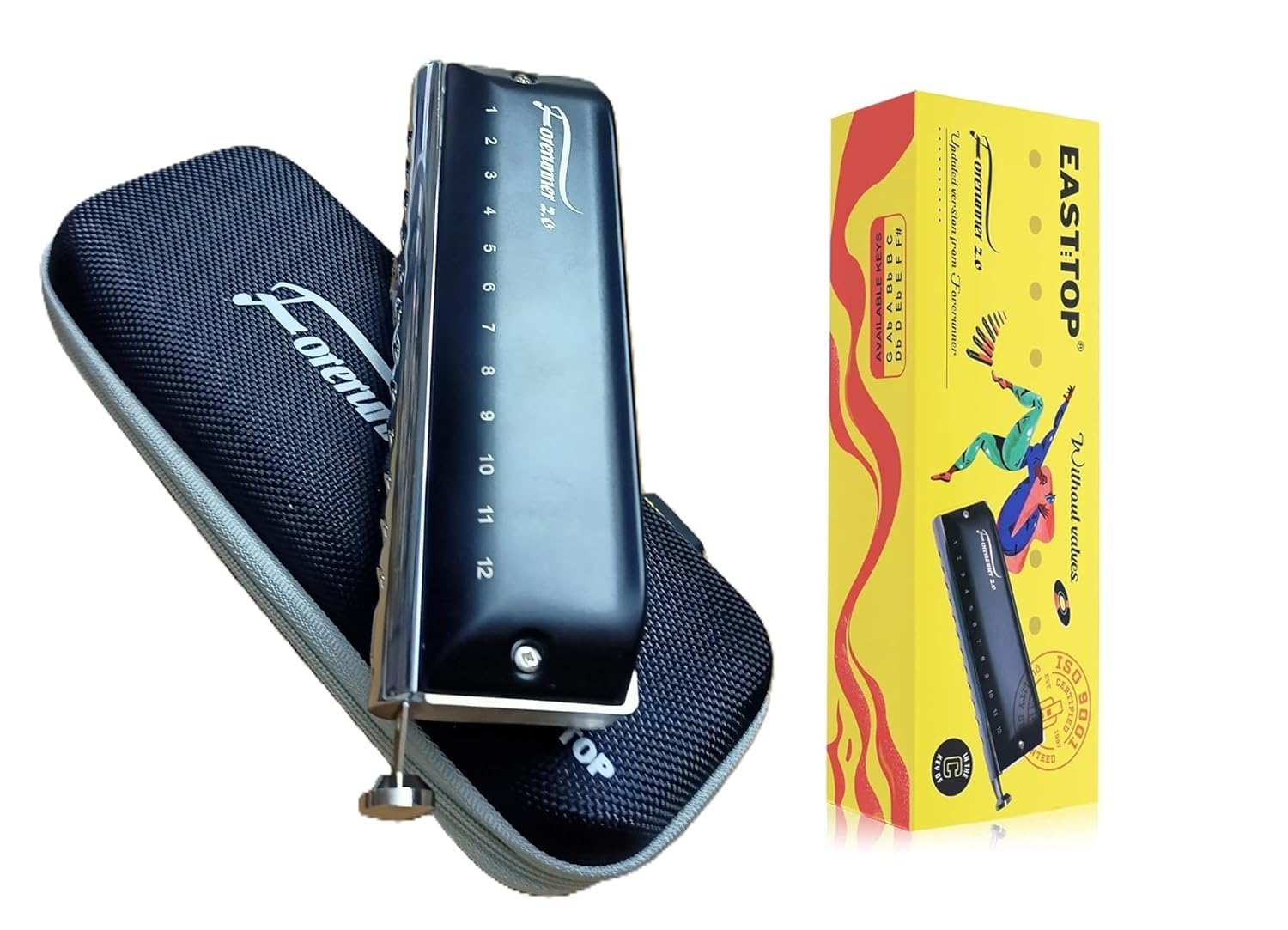 Forerunner 2.0 Updated Easttop Chromatic Harmonica (No Valves) 12 Holes, 48 Tones, Key Of C - Professional Mouth Organ With Tran
